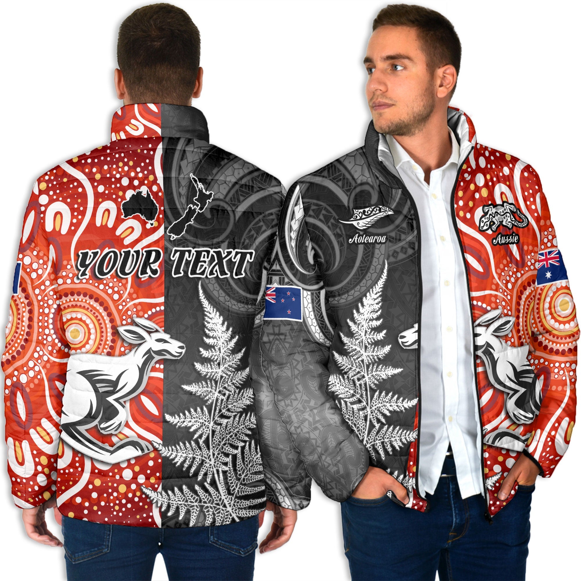 Custom New Zealand Rugby Men Padded Jacket Aotearoa Silver Fern & Aussie Kangaroo Maori & Aboriginal - LH1