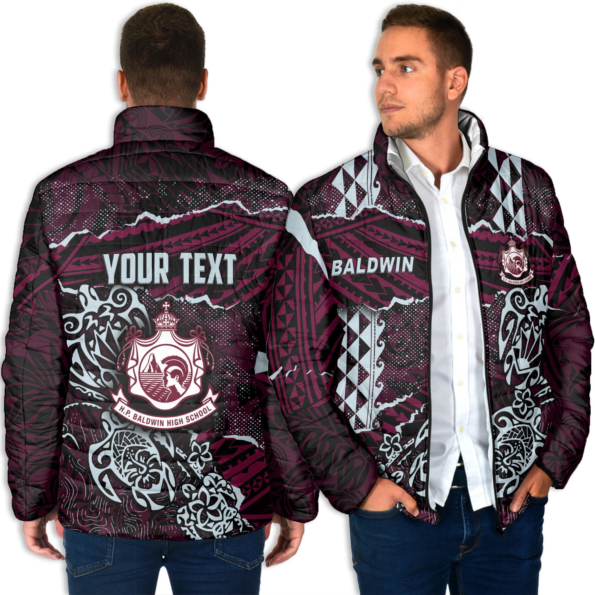 Hawaii Baldwin High School Custom Men Padded Jacket Polynesian Turtle Style