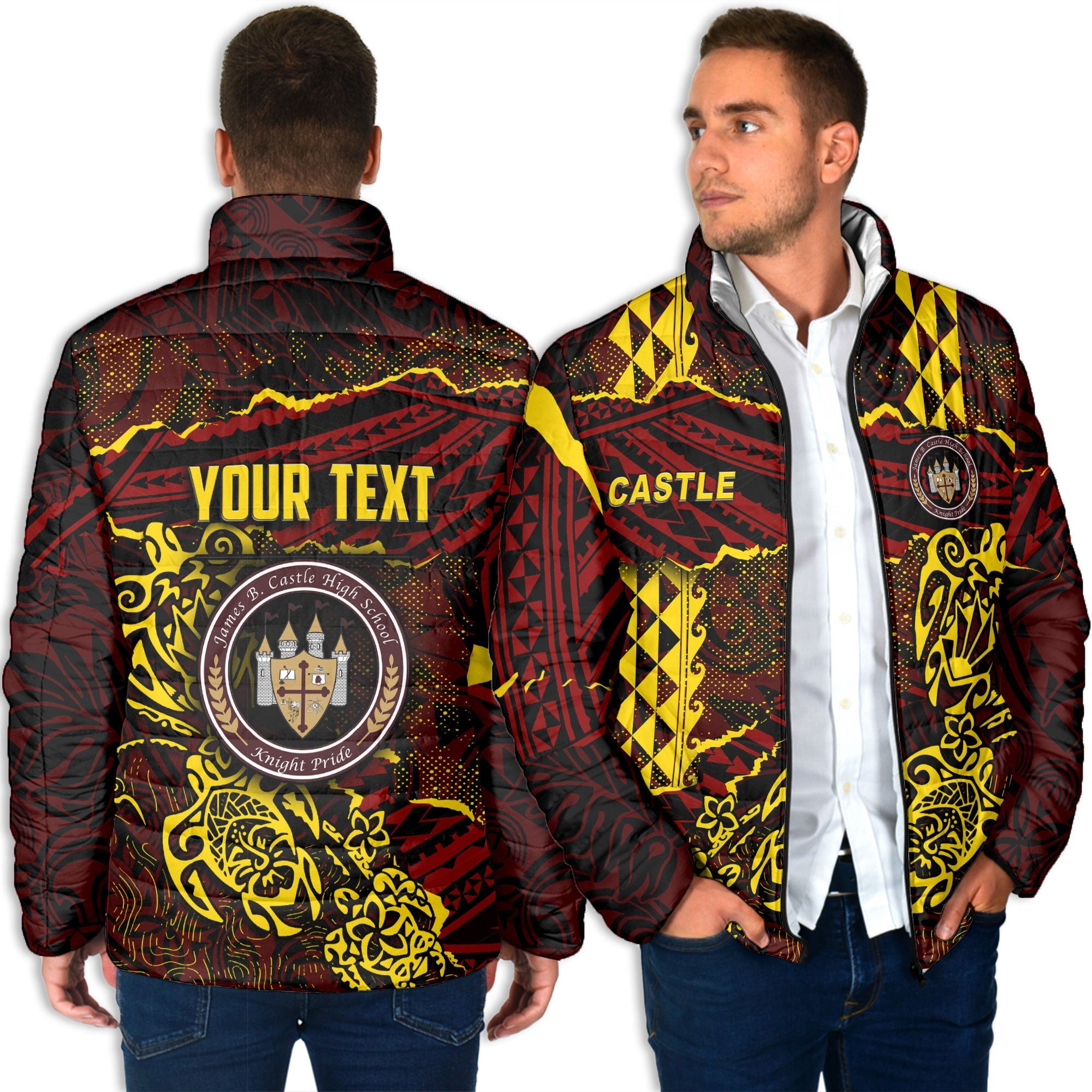 Hawaii Castle High School Custom Men Padded Jacket Polynesian Turtle Style