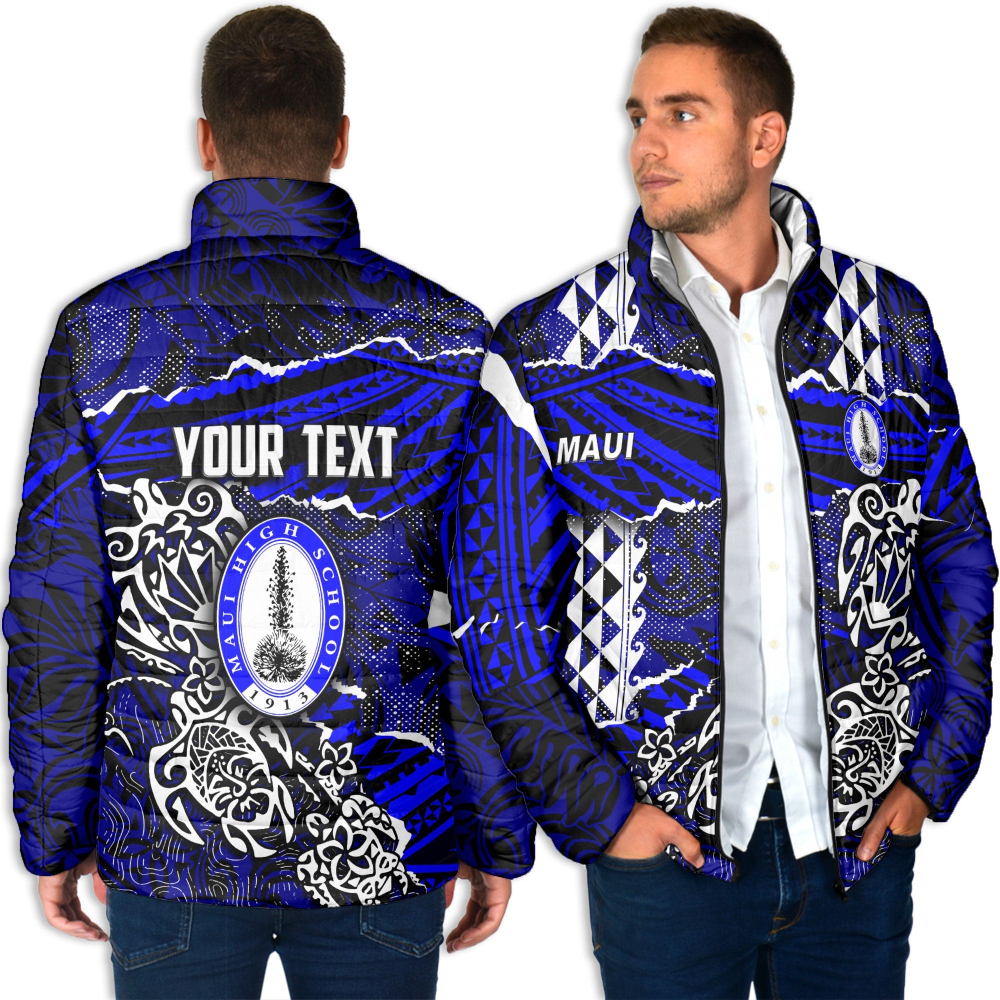 Hawaii Maui High School Custom Men Padded Jacket Polynesian Turtle Style