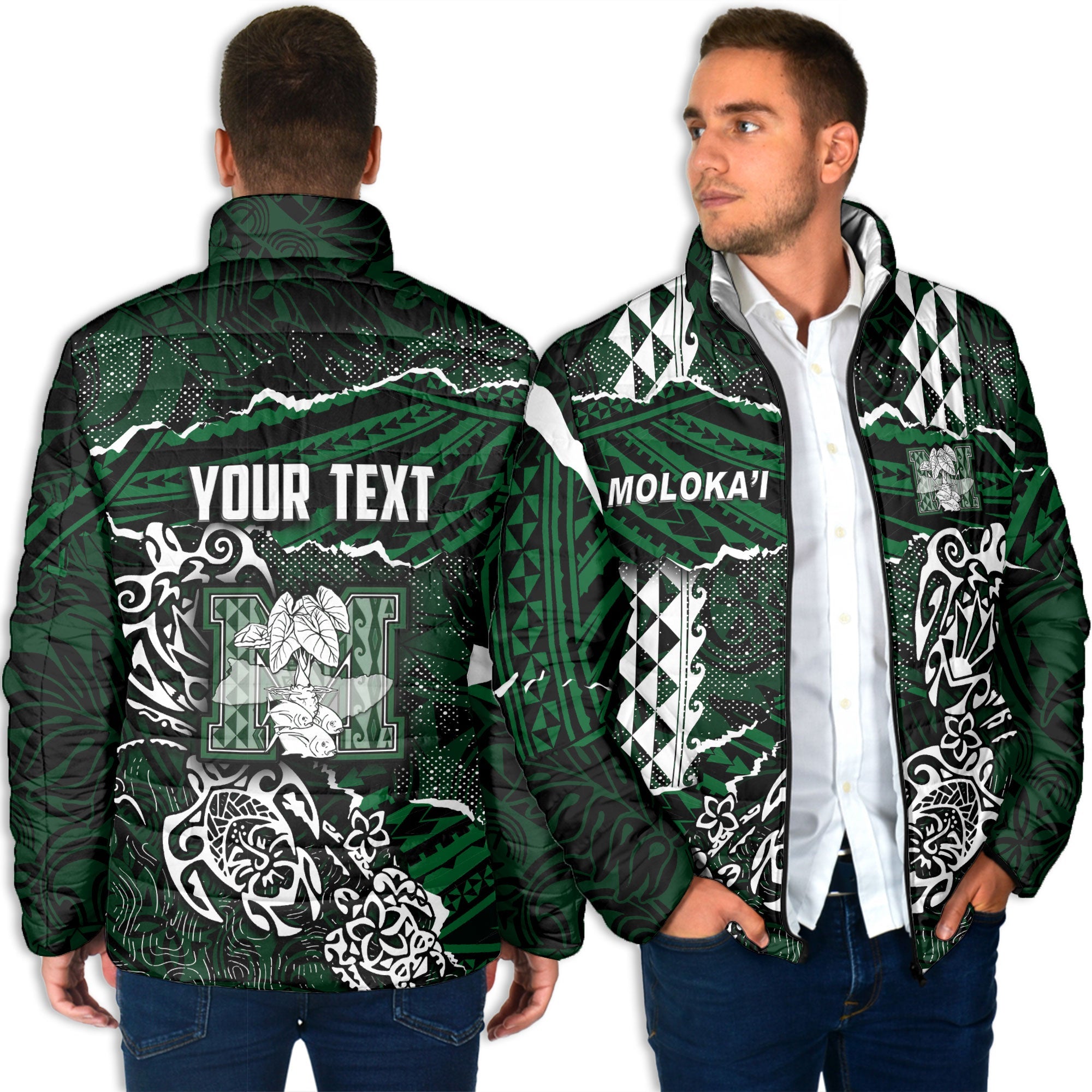 Hawaii Molokai High School Custom Men Padded Jacket Polynesian Turtle Style