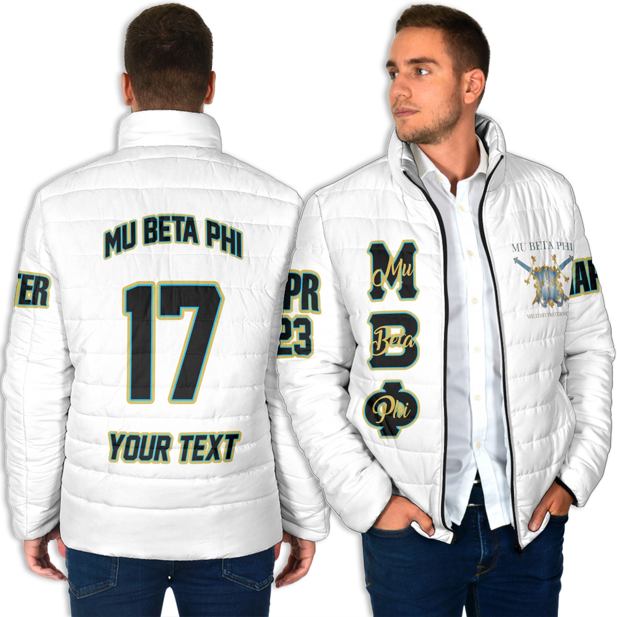 Fraternity Jacket - Personalized Mu Beta Phi Men Padded Jacket Original White Style