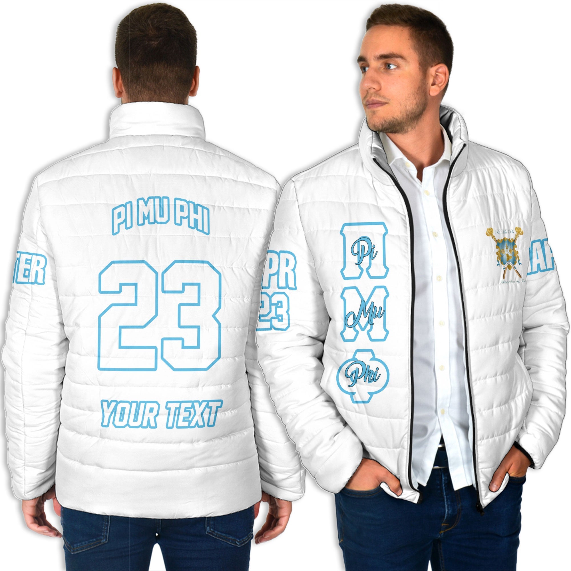 Sorority Jacket - Personalized Pi Mu Phi Men Padded Jacket Original White Style