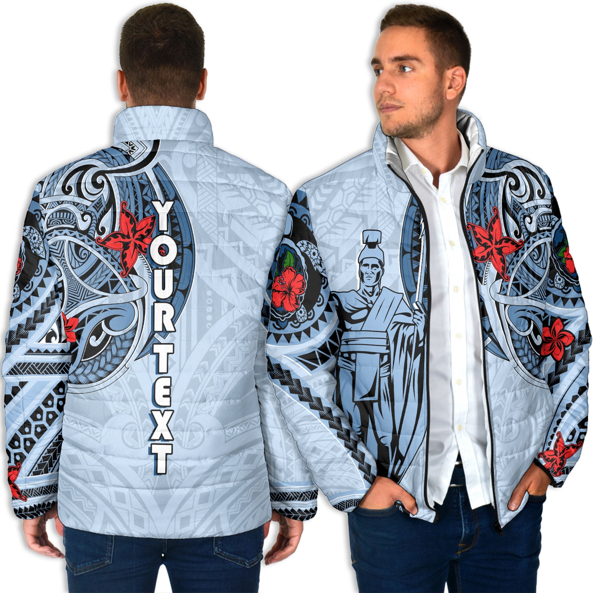 Custom King Kamehameha Hawaiian Men Padded Jacket Sea Green Plumeria Style