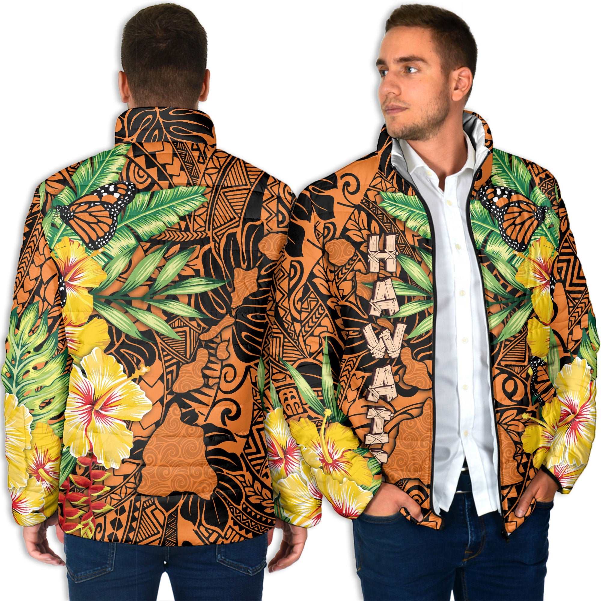 Hawaii Men Padded Jacket Kamehameha Butterfly Tropical Style