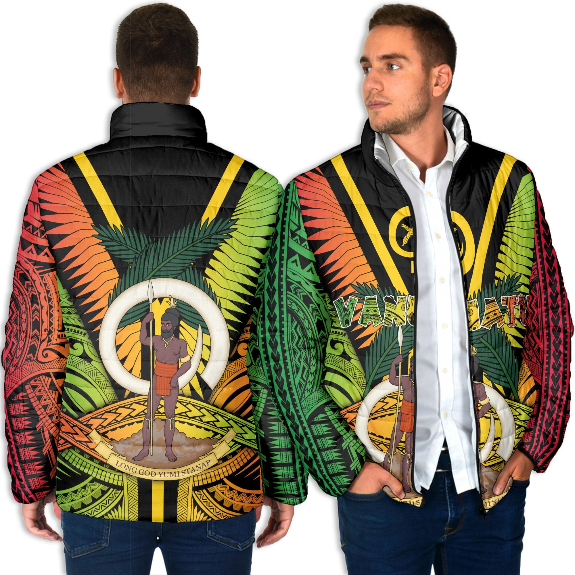 Vanuatu Men Padded Jacket Coat Of Arms Reggae Style