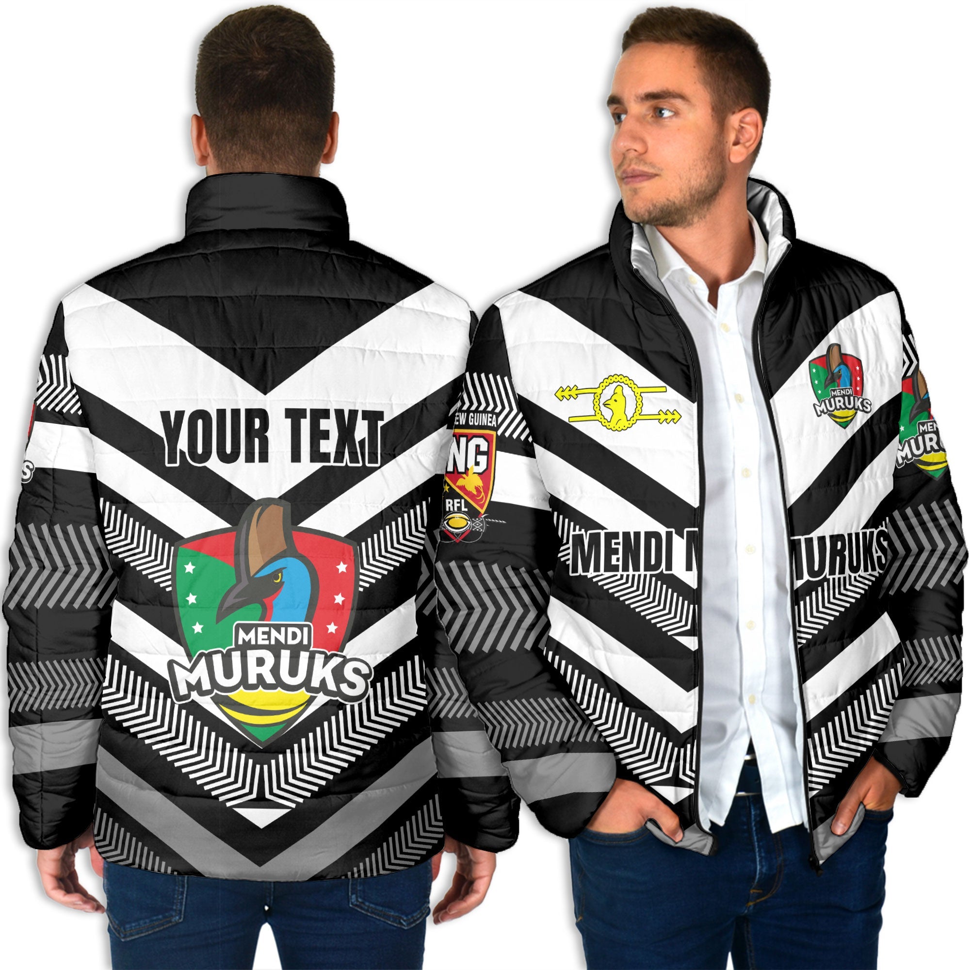 Custom Mendi Muruks Men Padded Jacket Papua New Guinea Rugby Black & White Style