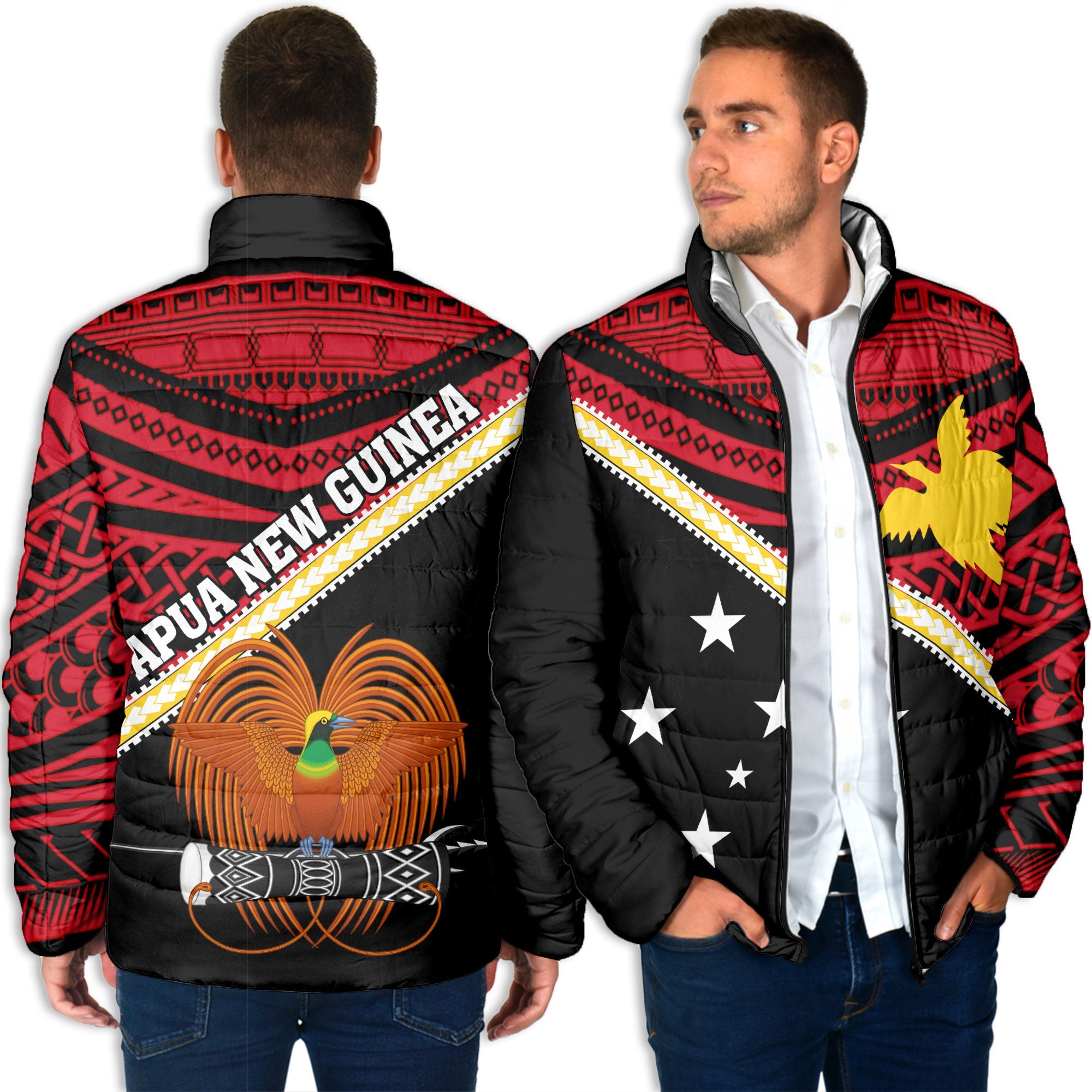 Papua New Guinea Men Padded Jacket Polynesian Flag Style