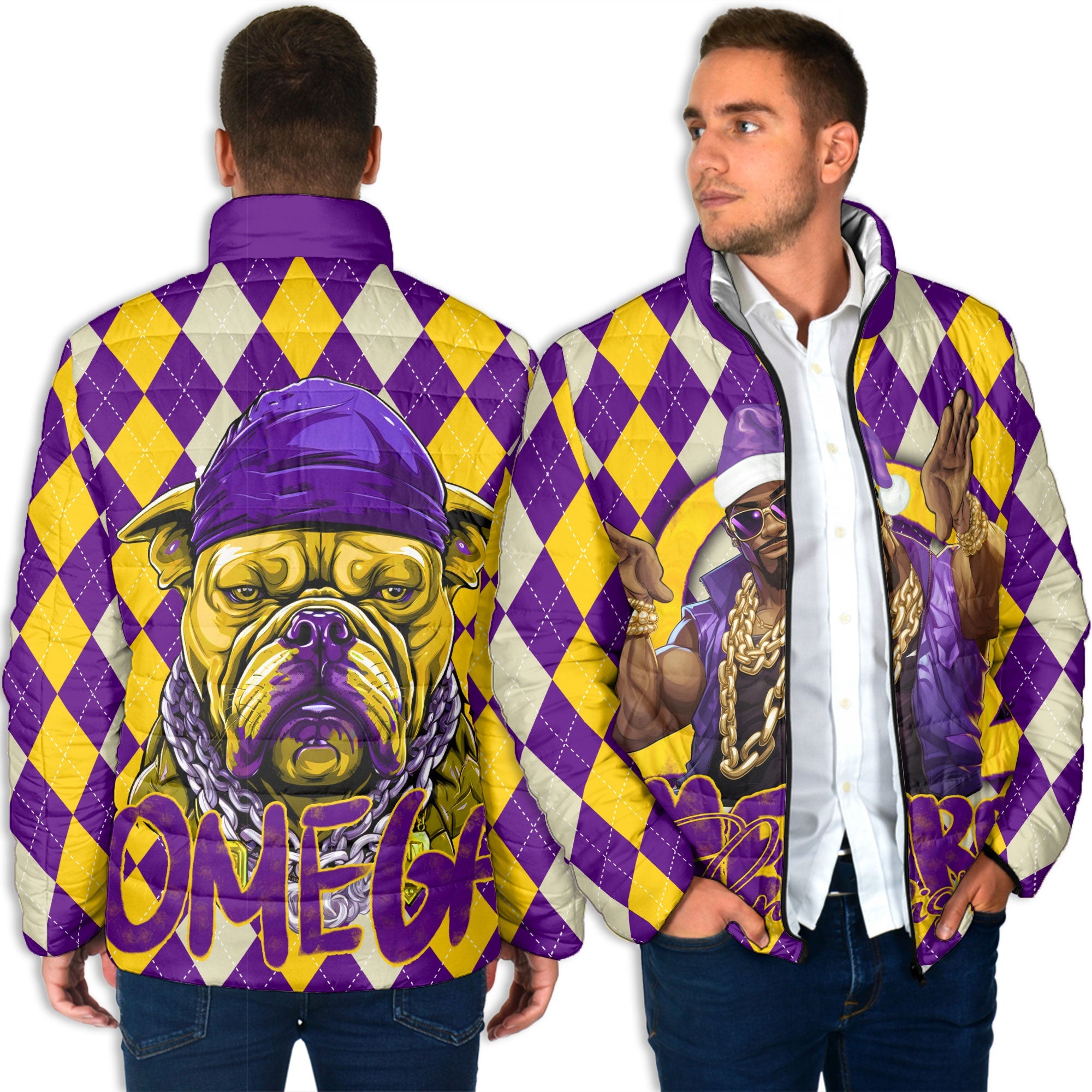 Fraternity Jacket - OPP Christmas Men Padded Jacket Bulldog Purple Gold Caro Pattern Style