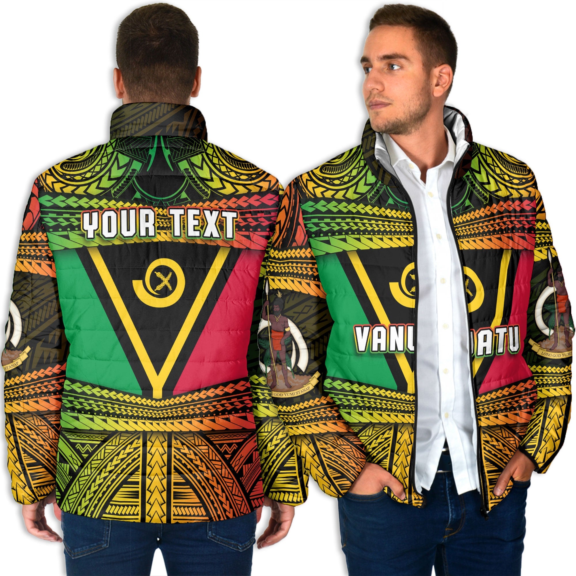 Custom Vanuatu Flag & Coat Of Arms Men Padded Jacket Reggae Style