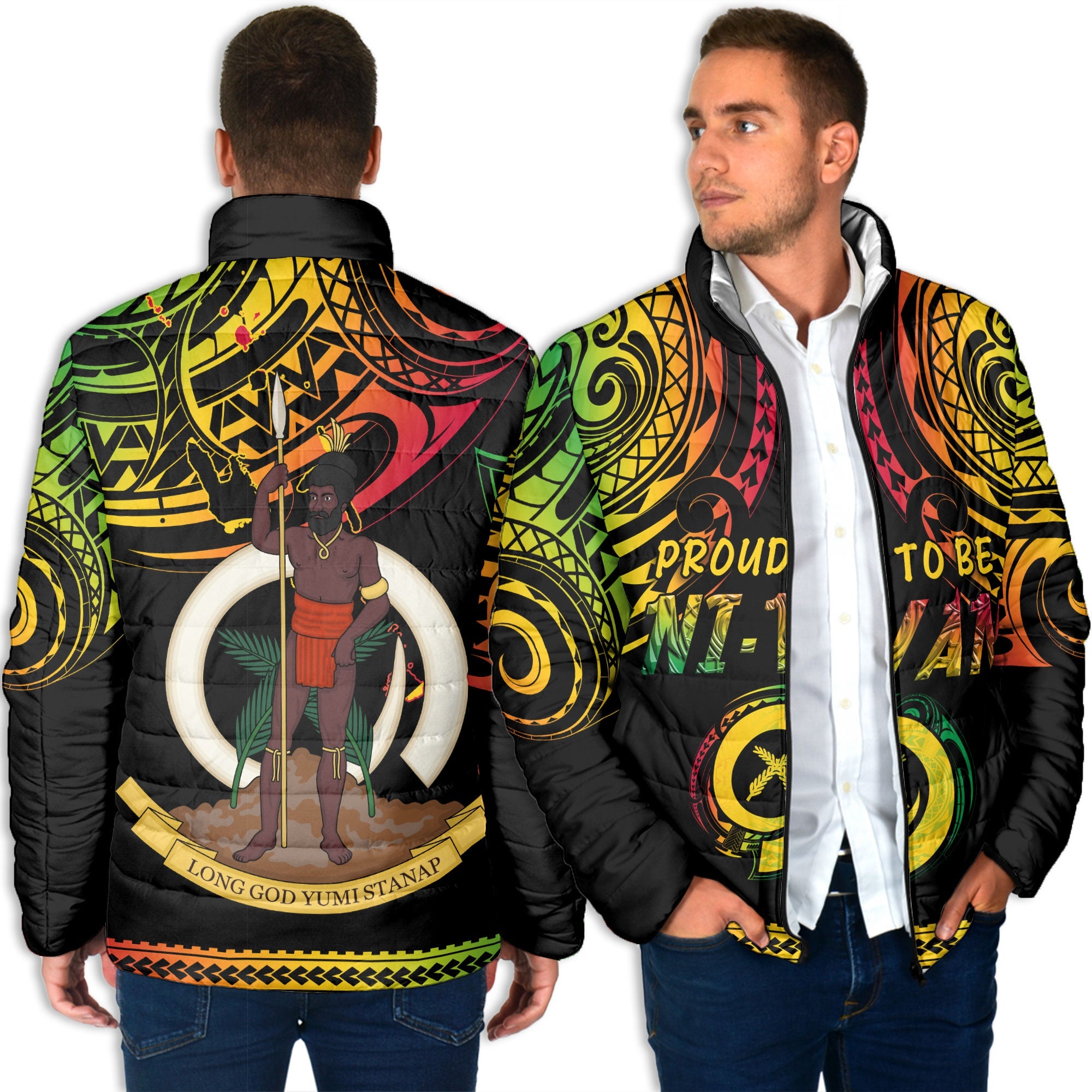 Vanuatu Proud To Be Ni-Van Men Padded Jacket Coat Of Arms Reggae Style