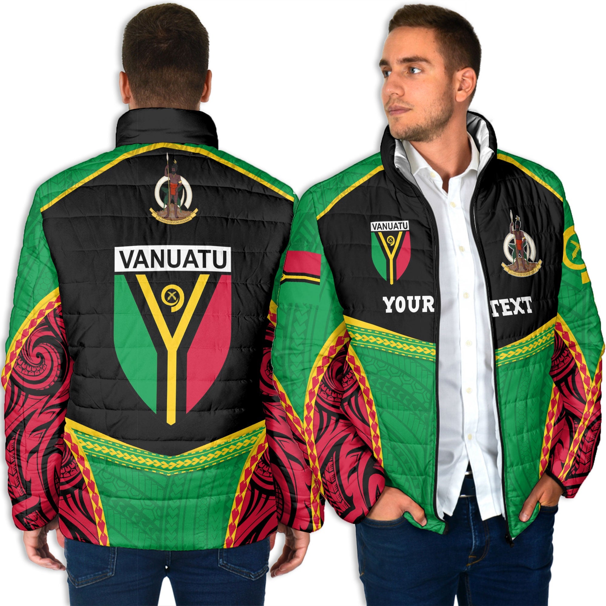 Custom Vanuatu Flag & Coat Of Arms Men Padded Jacket Black Style