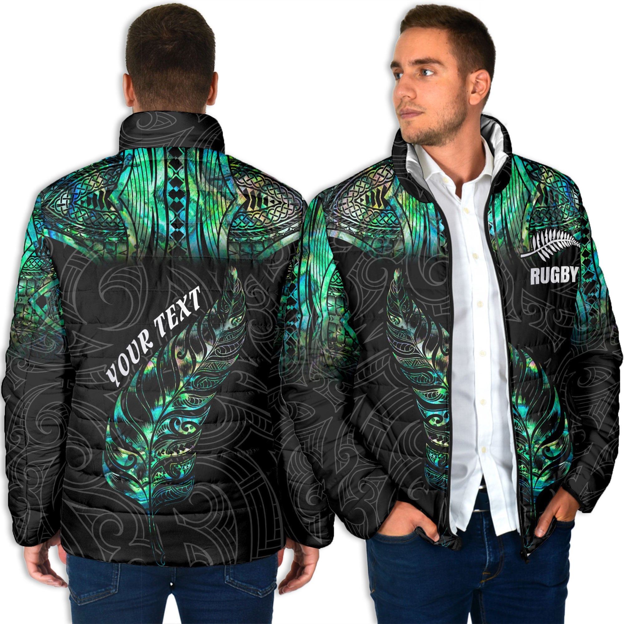 Custom New Zealand Rugby Men Padded Jacket Maori mix Paua Shell Rugby Silver Fern Aotearoa - LH1