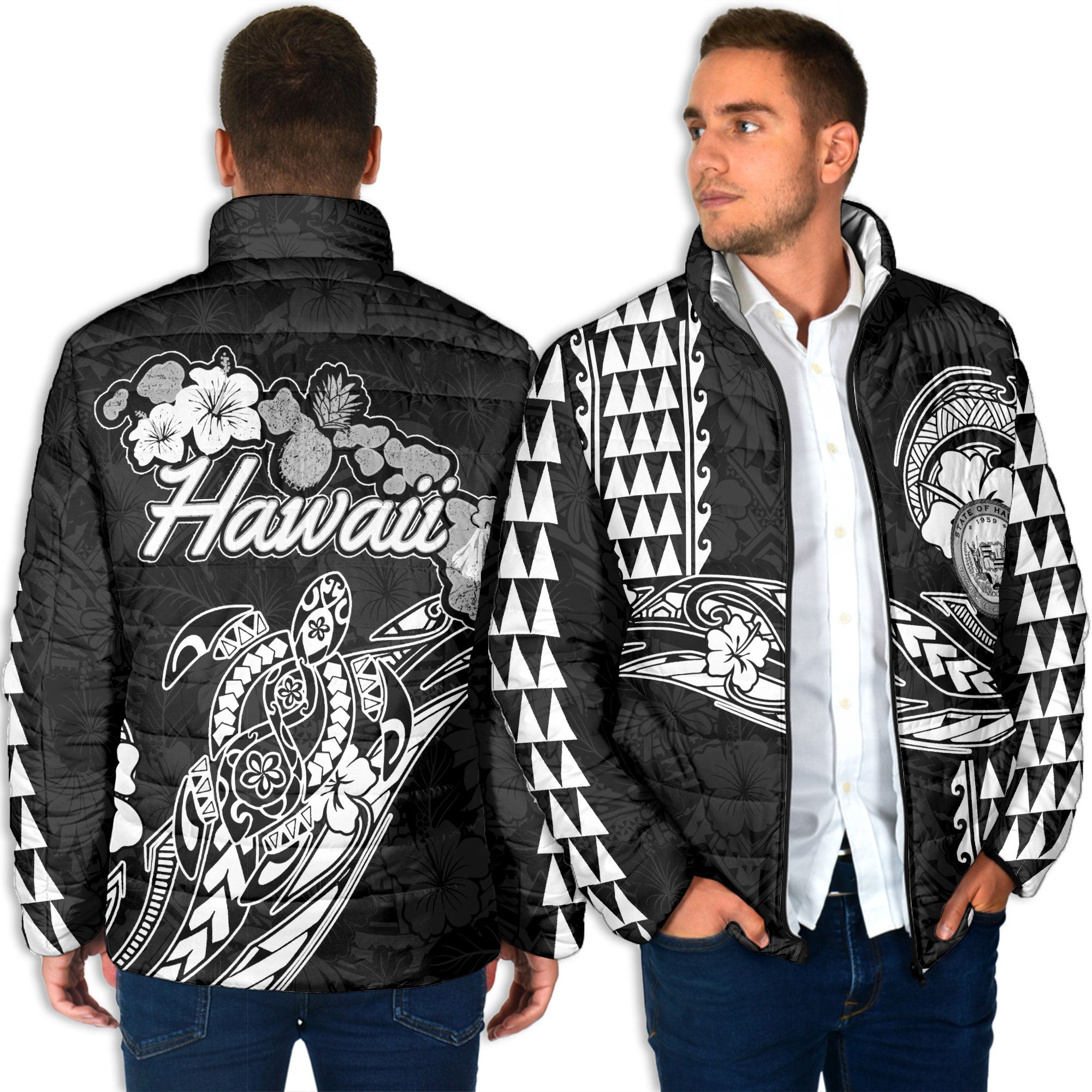 Hawaii Seal Men Padded Jacket Turtle & Map Style