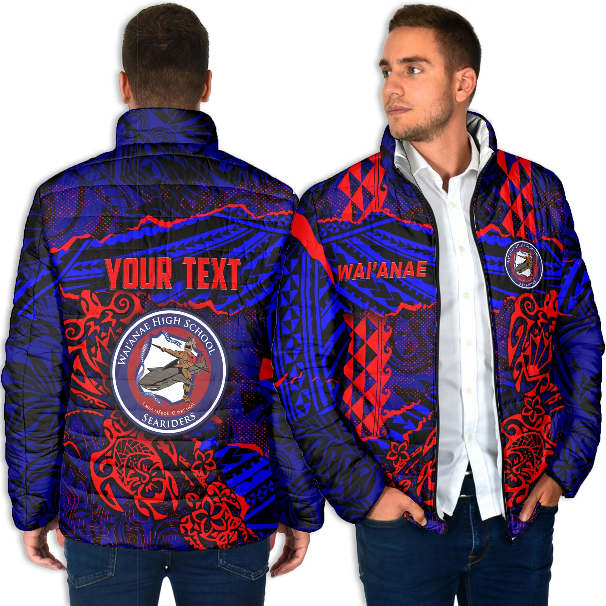 Hawaii Waianae High School Custom Men Padded Jacket Polynesian Turtle Style