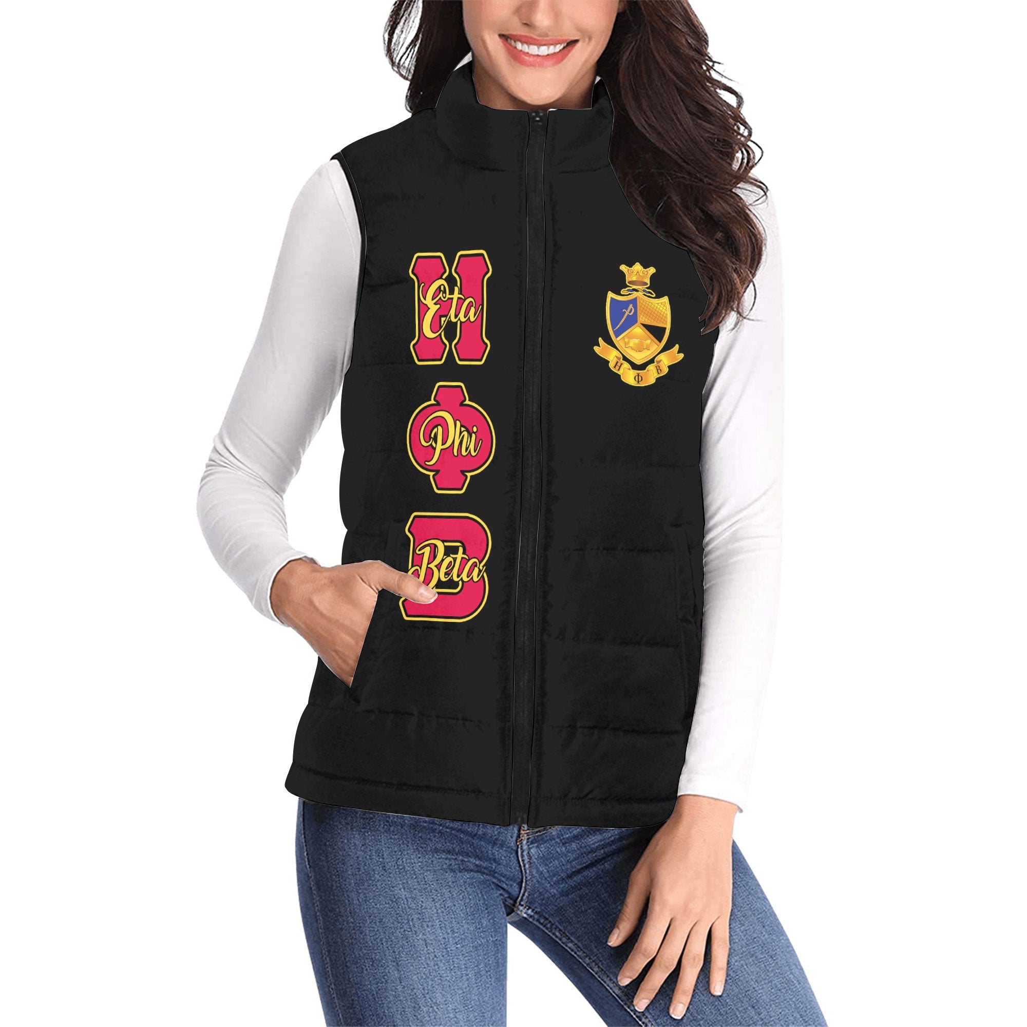 Sorority Jacket - Personalized Eta Phi Beta Women Padded Jacket Vest Original Black Style