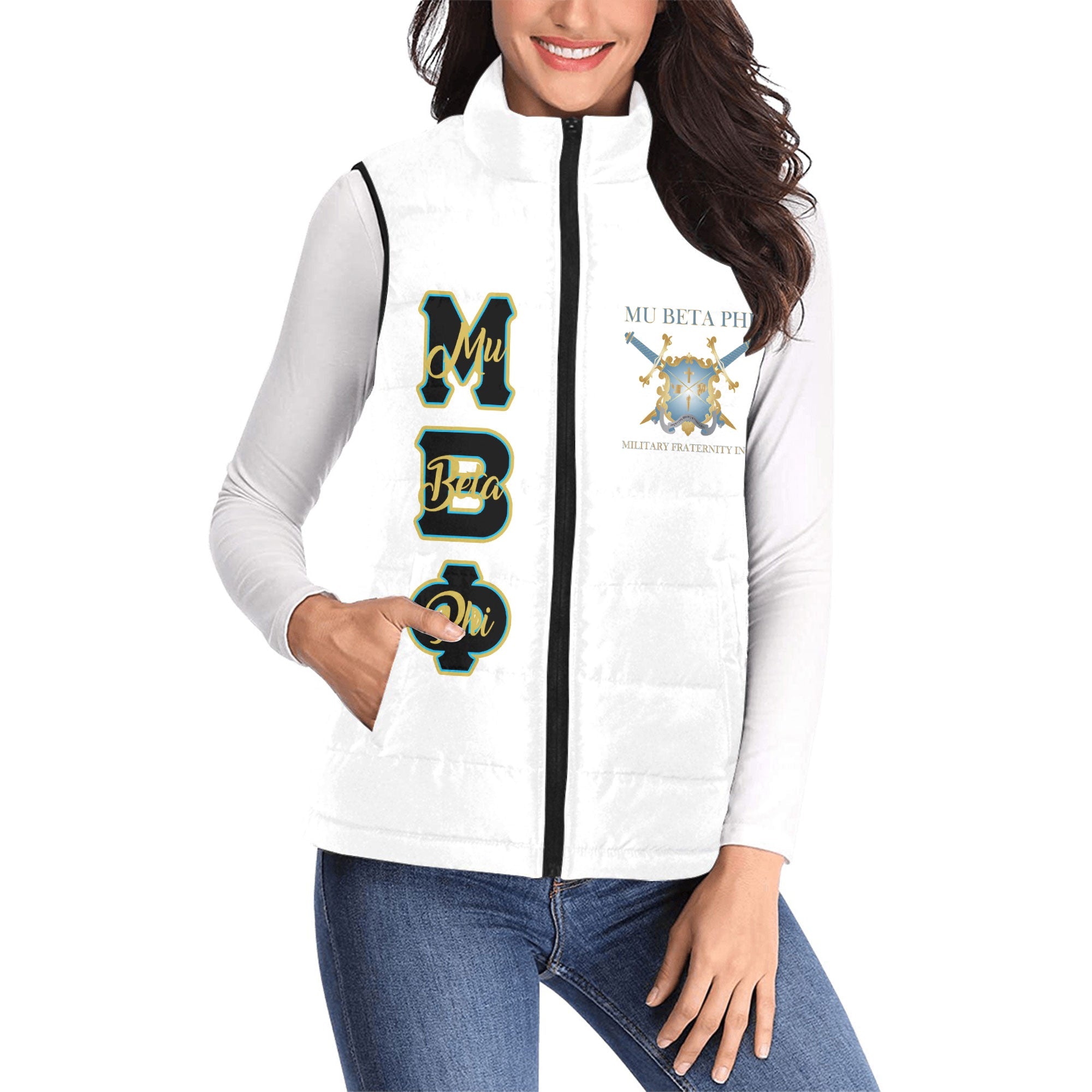 Fraternity Jacket - Personalized Mu Beta Phi Women Padded Jacket Vest Original White Style