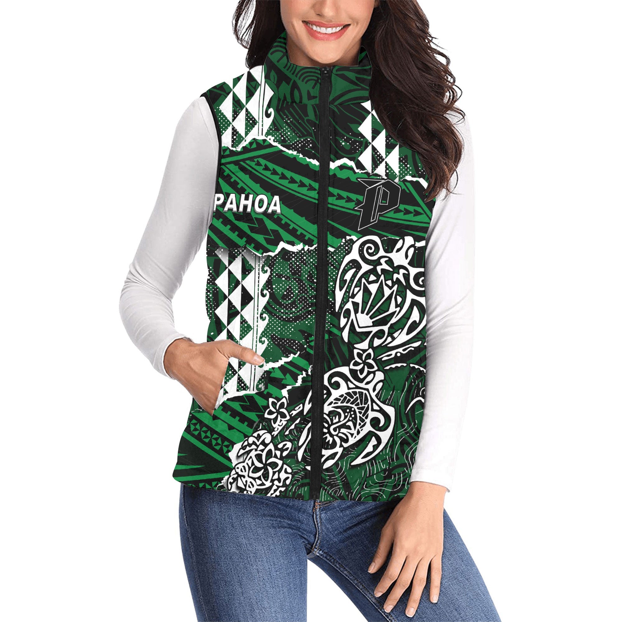 Hawaii Pahoa High & Intermediate School Custom Women Padded Jacket Vest Polynesian Turtle Style