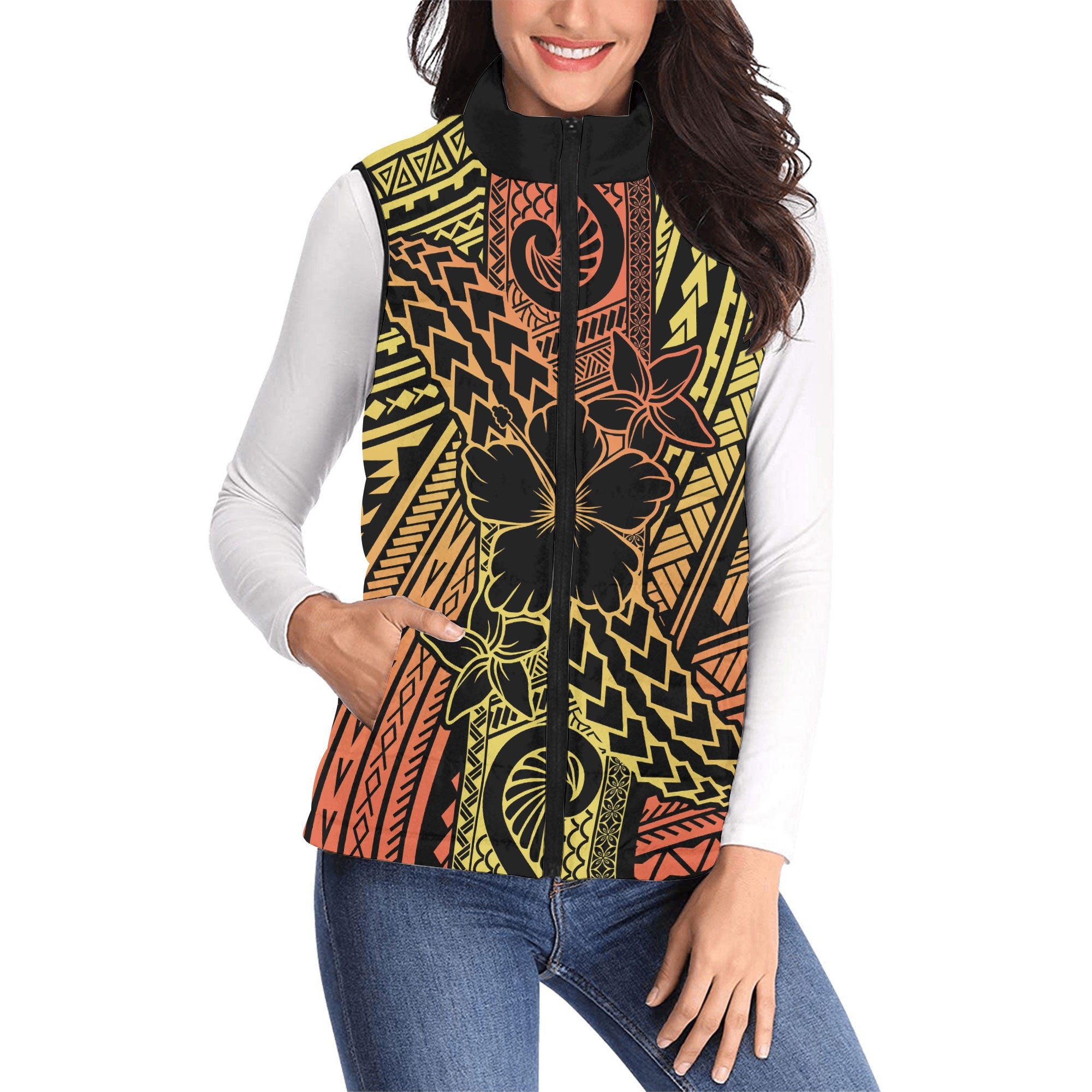 Hawaiian Reggae Women Padded Jacket Vest Polynesian Hibiscus Style