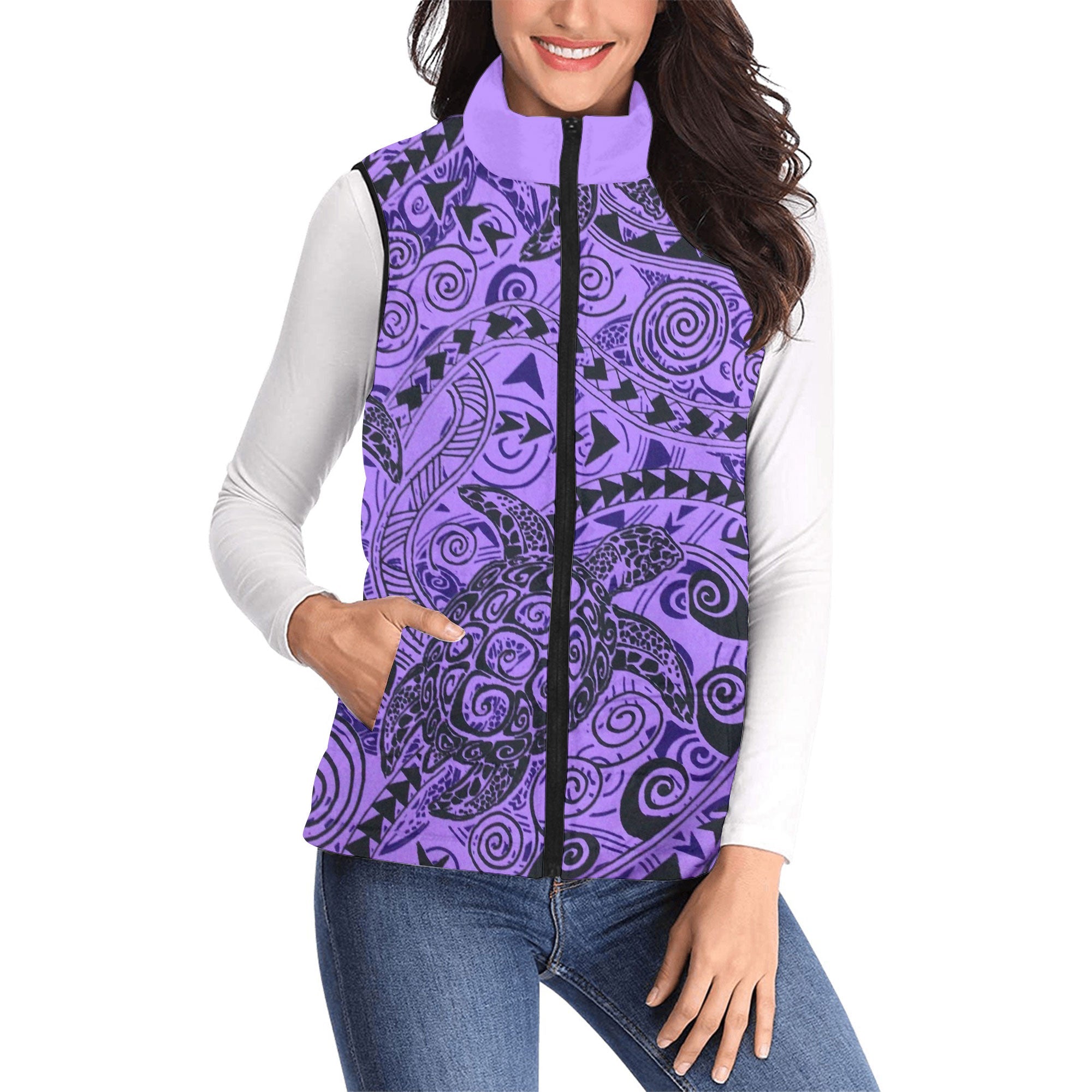 Hawaii Polynesian Turtle Women Padded Jacket Vest Purple Style