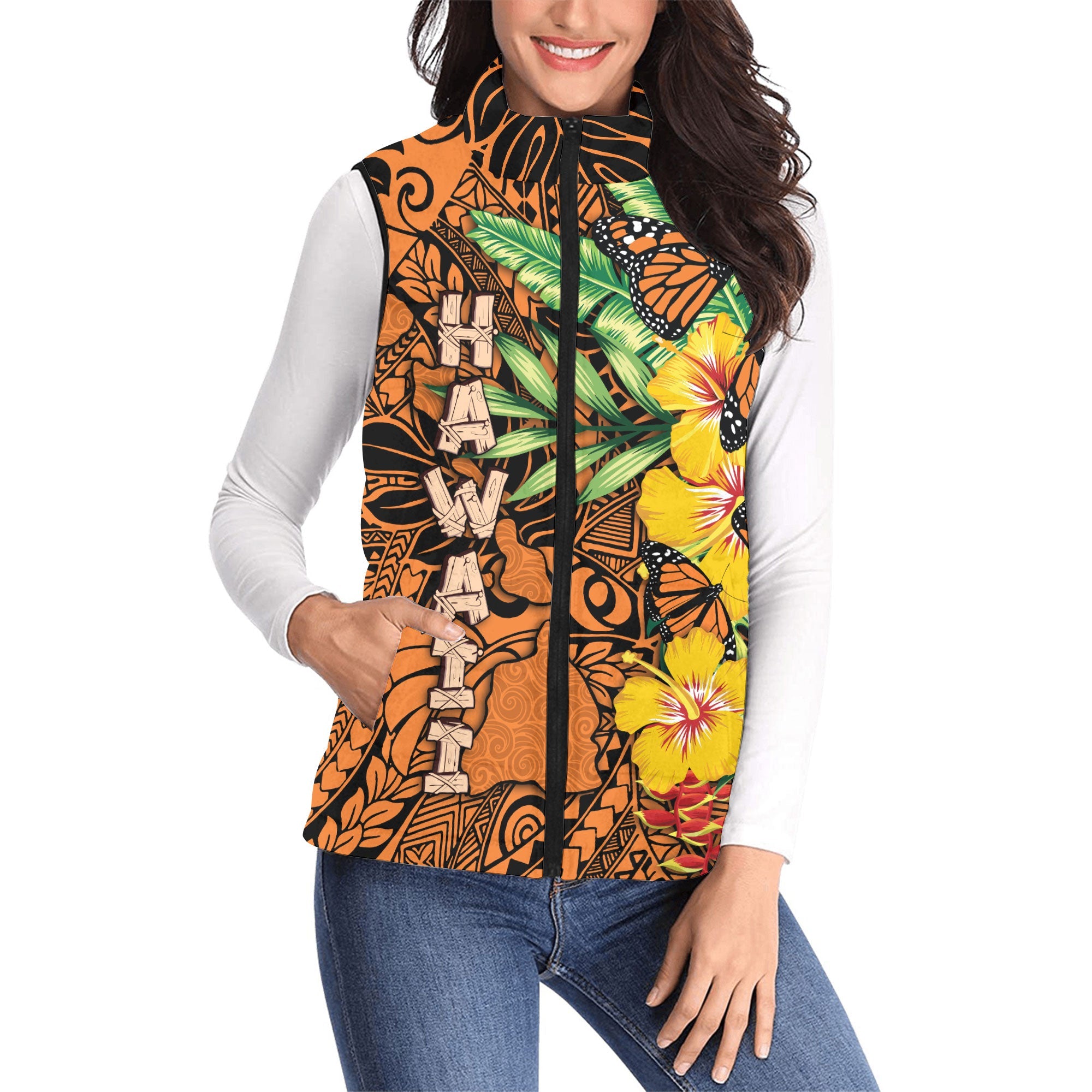 Hawaii Women Padded Jacket Vest Kamehameha Butterfly Tropical Style