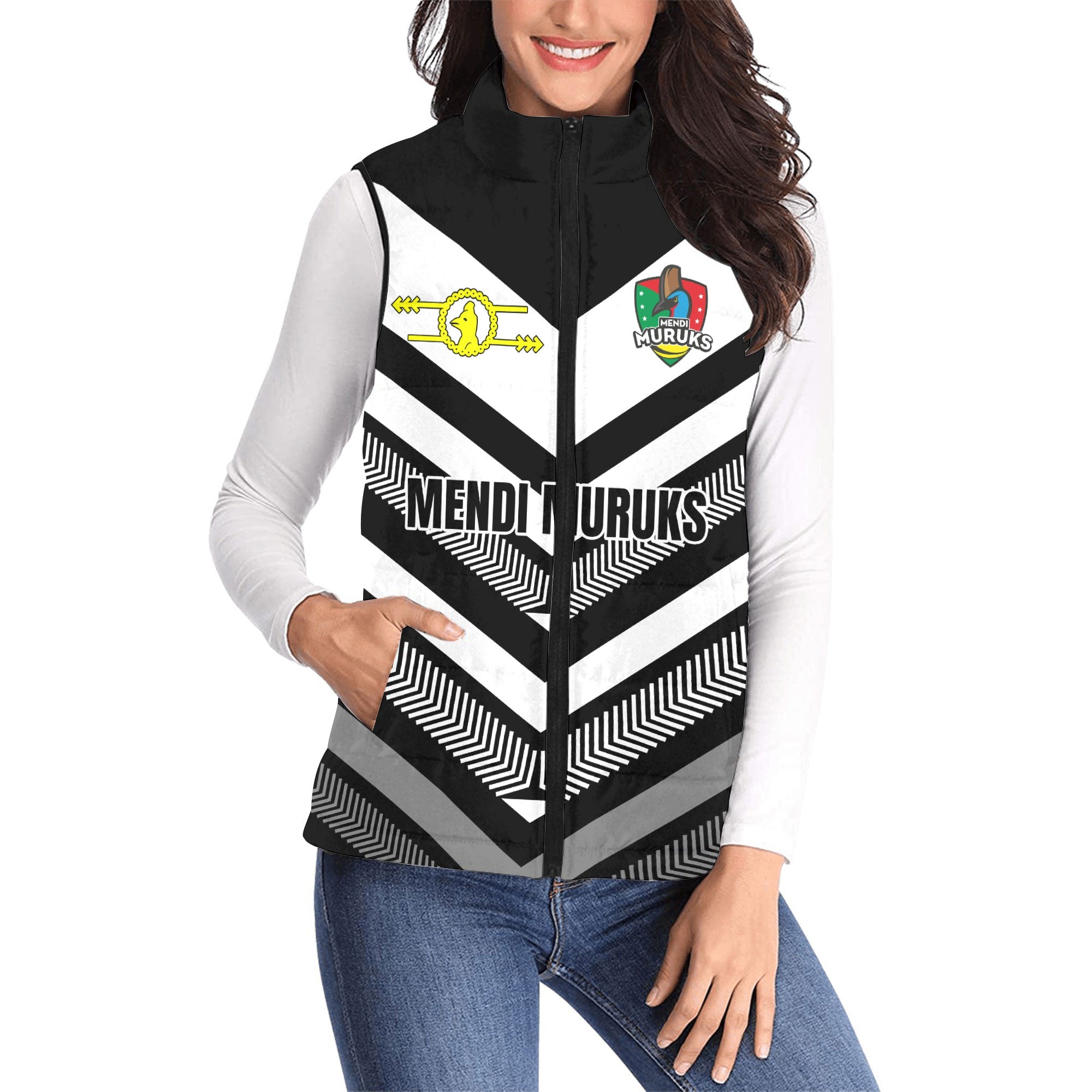 Custom Mendi Muruks Women Padded Jacket Vest Papua New Guinea Rugby Black & White Style