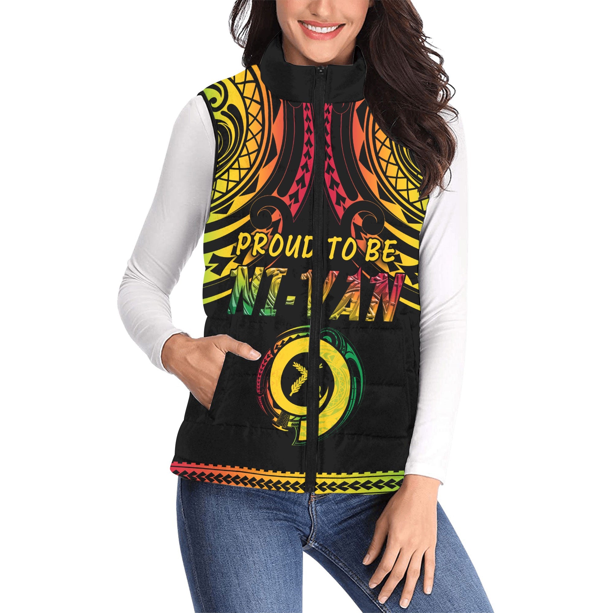 Vanuatu Proud To Be Ni-Van Women Padded Jacket Vest Coat Of Arms Reggae Style