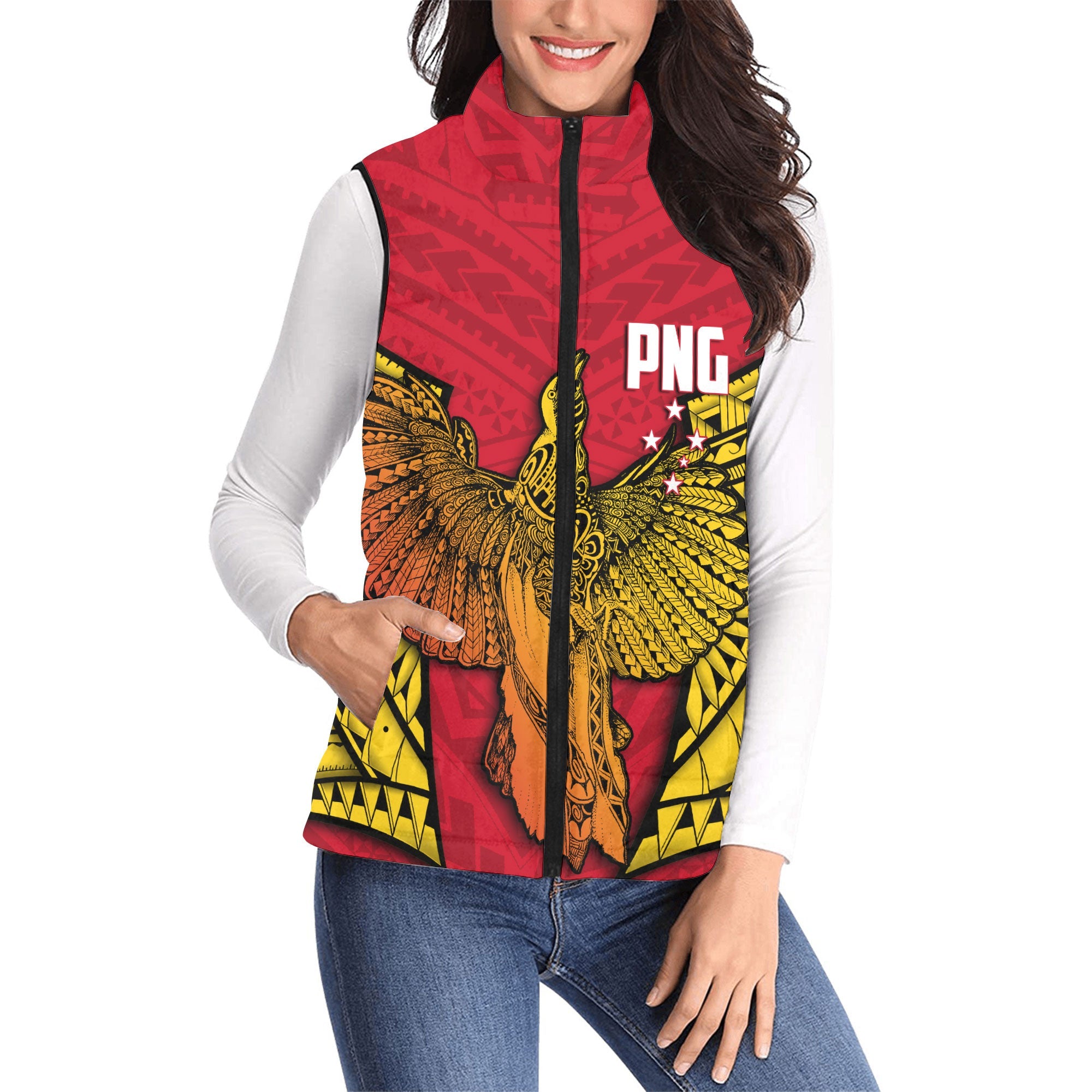 Papua New Guinea Independence Day Women Padded Jacket Vest Raggiana Bird of Paradise Style