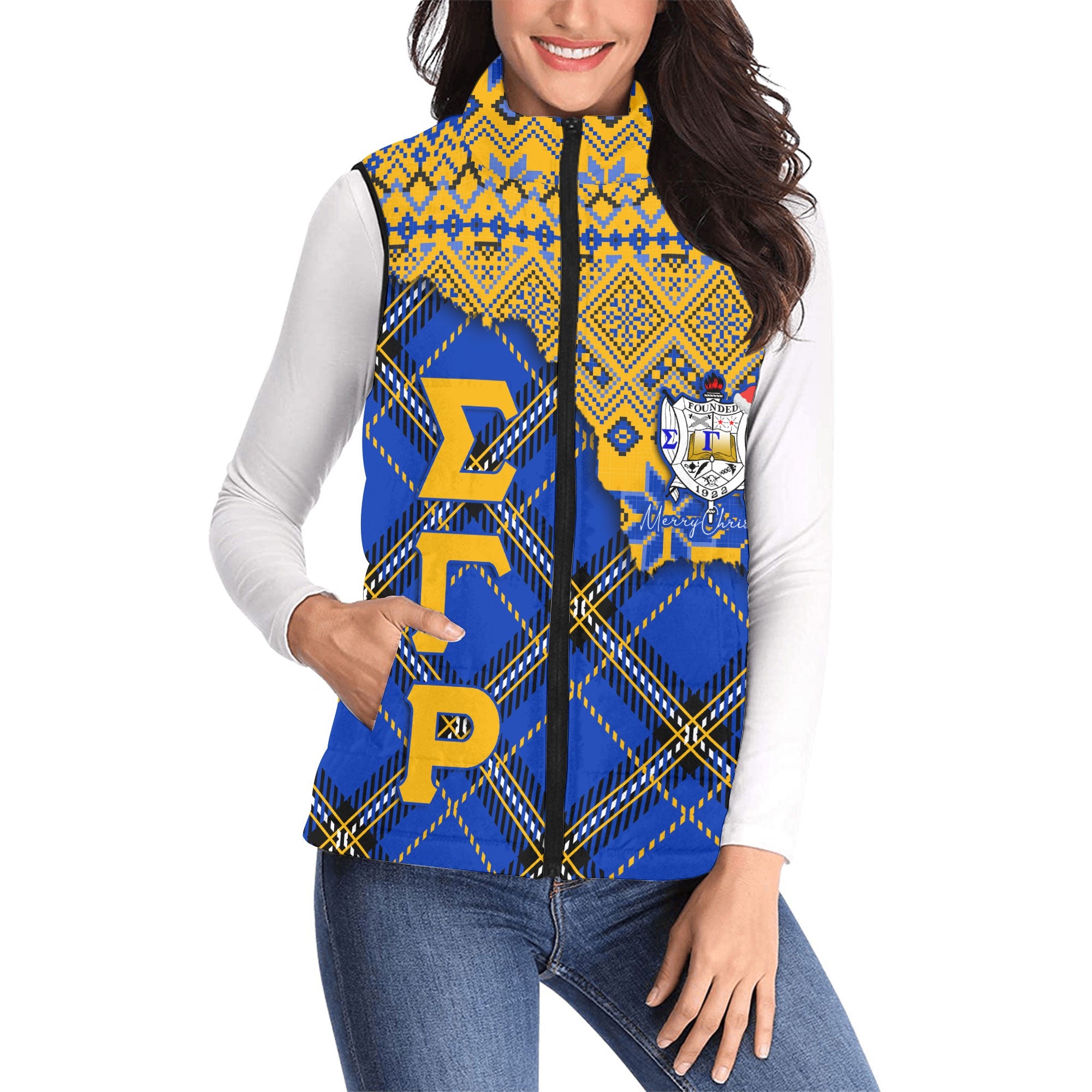 Sorority Jacket - Christmas Sigma Gamma Rho Girl Women Padded Jacket Vest Plaid Background Style