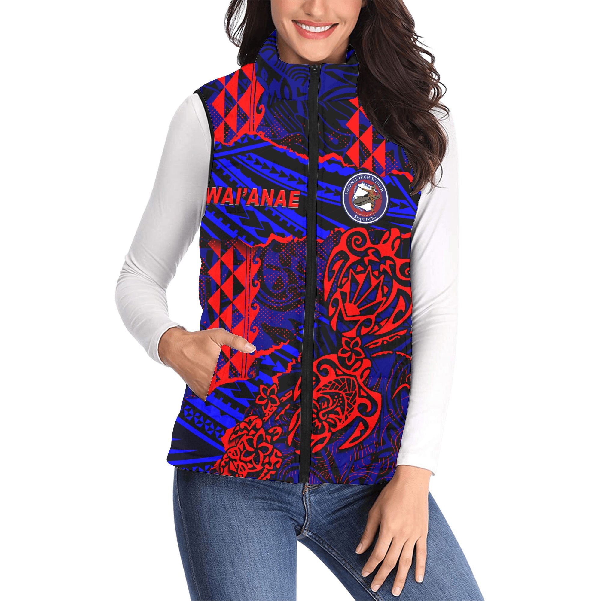 Hawaii Waianae High School Custom Women Padded Jacket Vest Polynesian Turtle Style