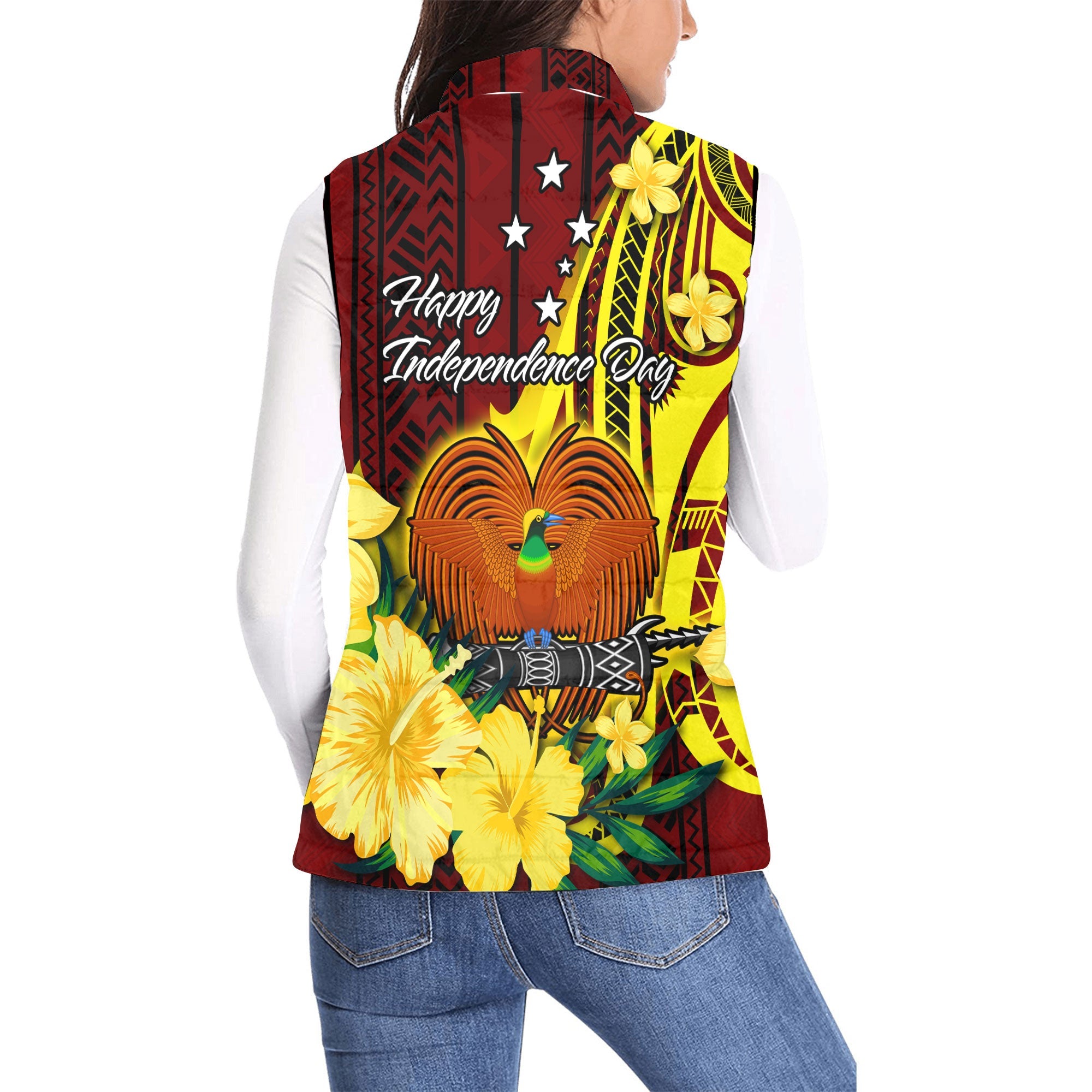 Custom Papua New Guinea Women Padded Jacket Vest Polynesian PNG Bird Independence Day - LH1