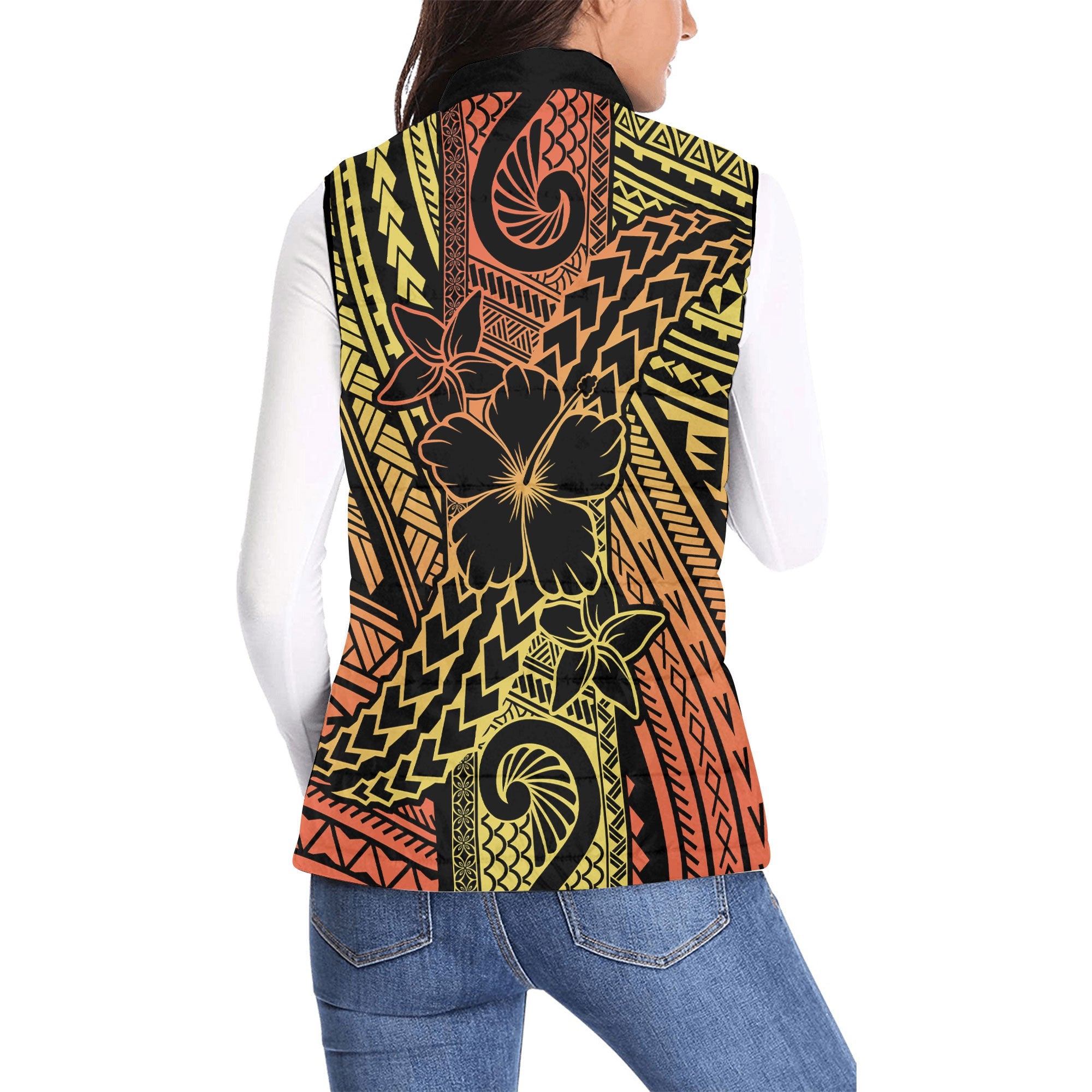 Hawaiian Reggae Women Padded Jacket Vest Polynesian Hibiscus Style