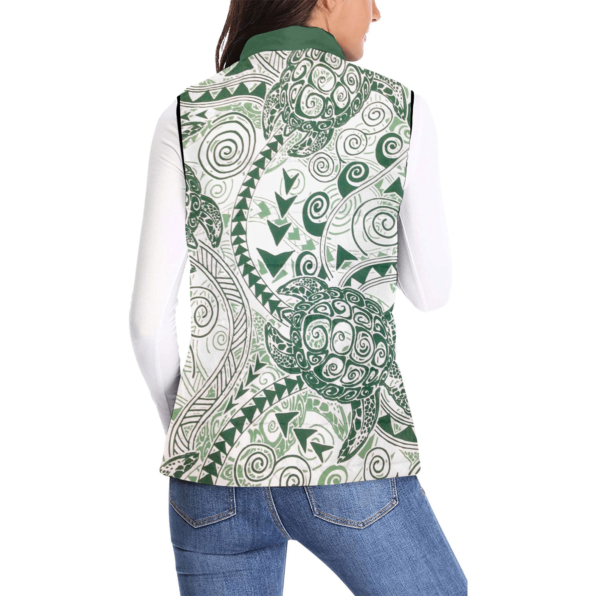 Hawaii Polynesian Turtle Women Padded Jacket Vest Green Style