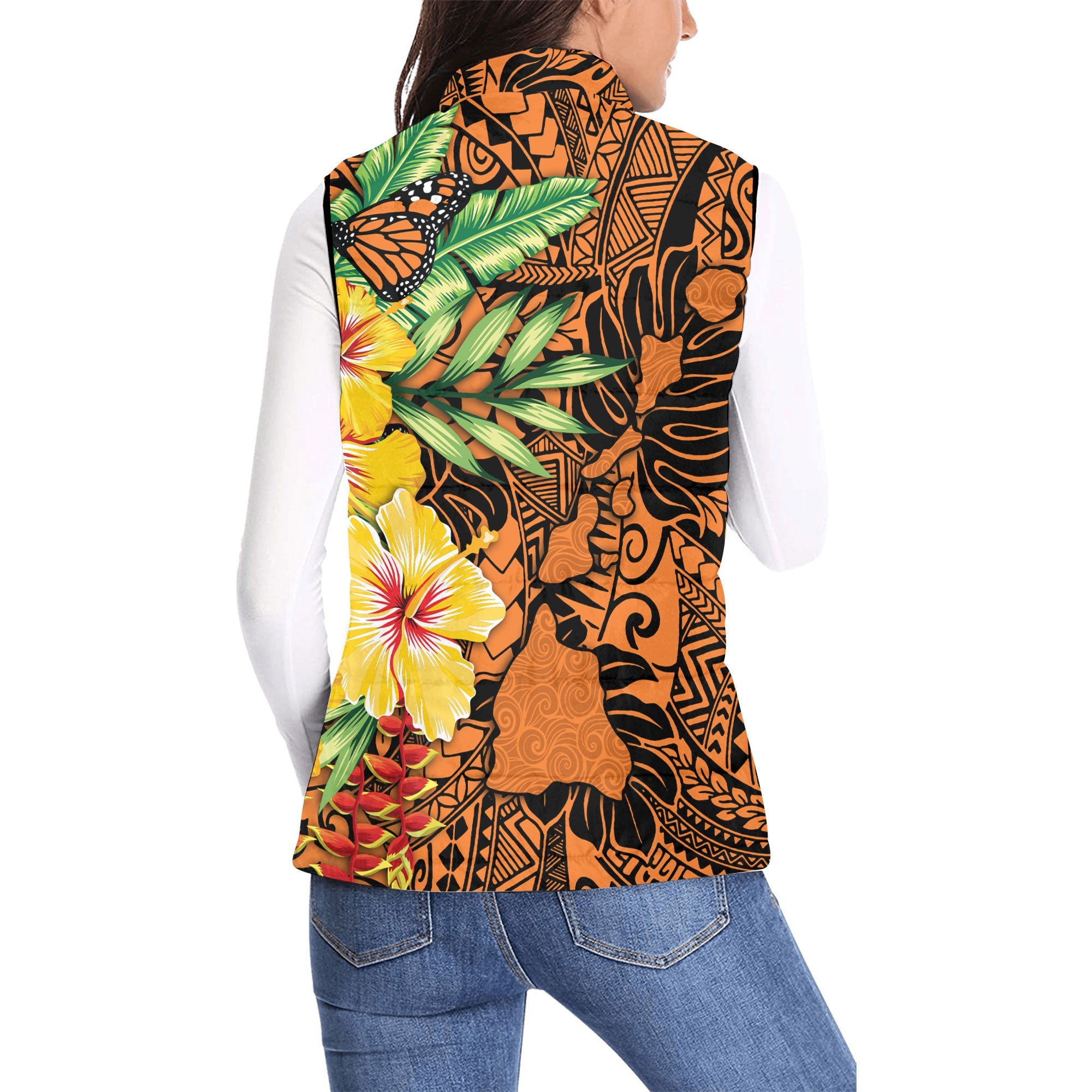 Hawaii Women Padded Jacket Vest Kamehameha Butterfly Tropical Style