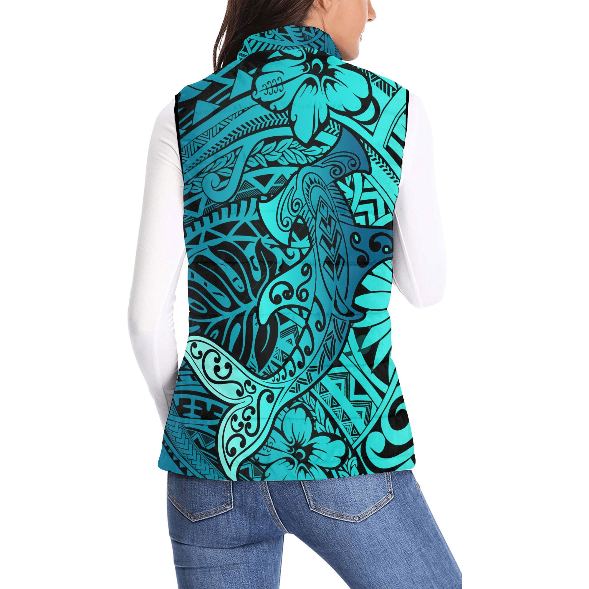 Hawaii Hammerhead Shark Women Padded Jacket Vest Light See Blue Style