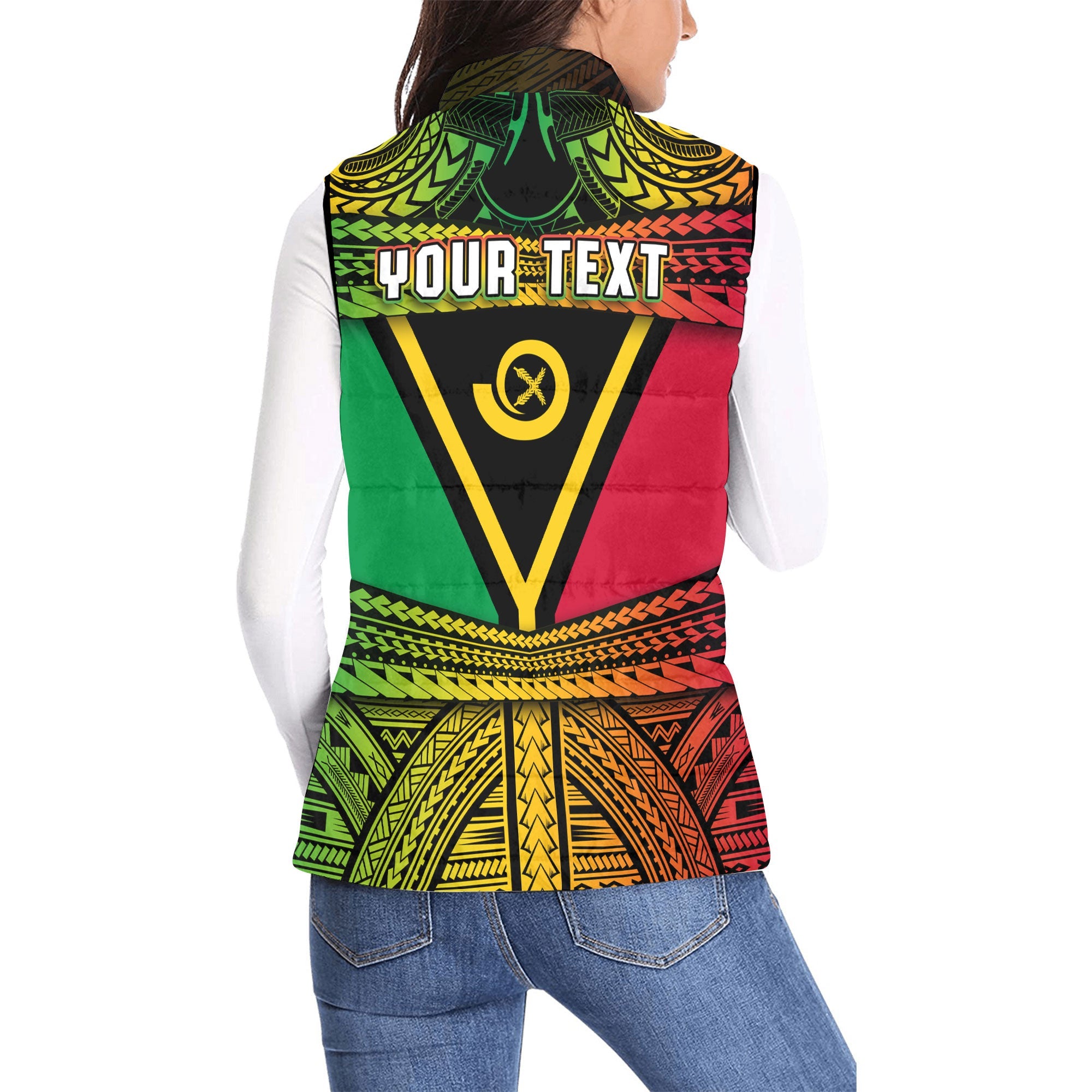 Custom Vanuatu Flag & Coat Of Arms Women Padded Jacket Vest Reggae Style