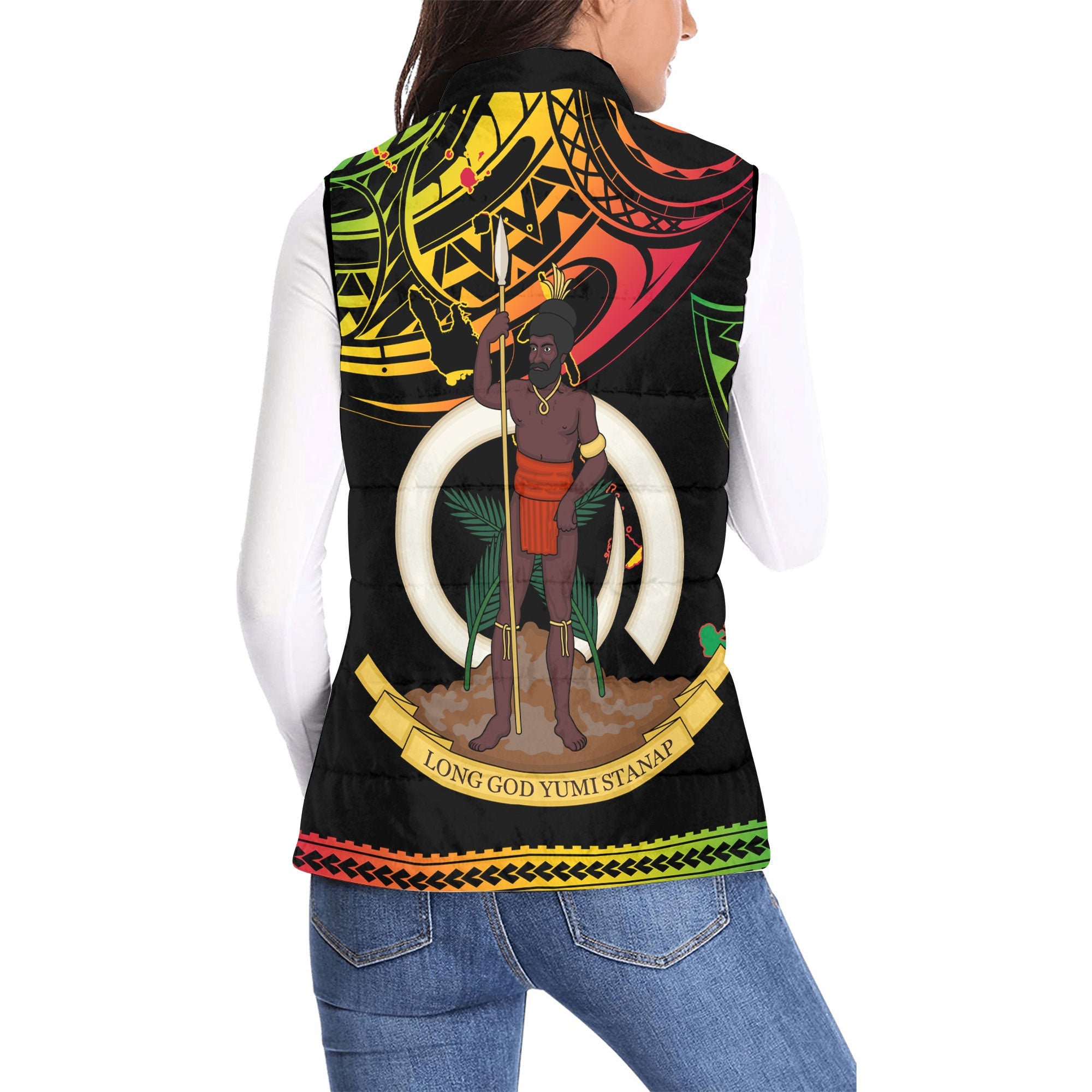 Vanuatu Proud To Be Ni-Van Women Padded Jacket Vest Coat Of Arms Reggae Style