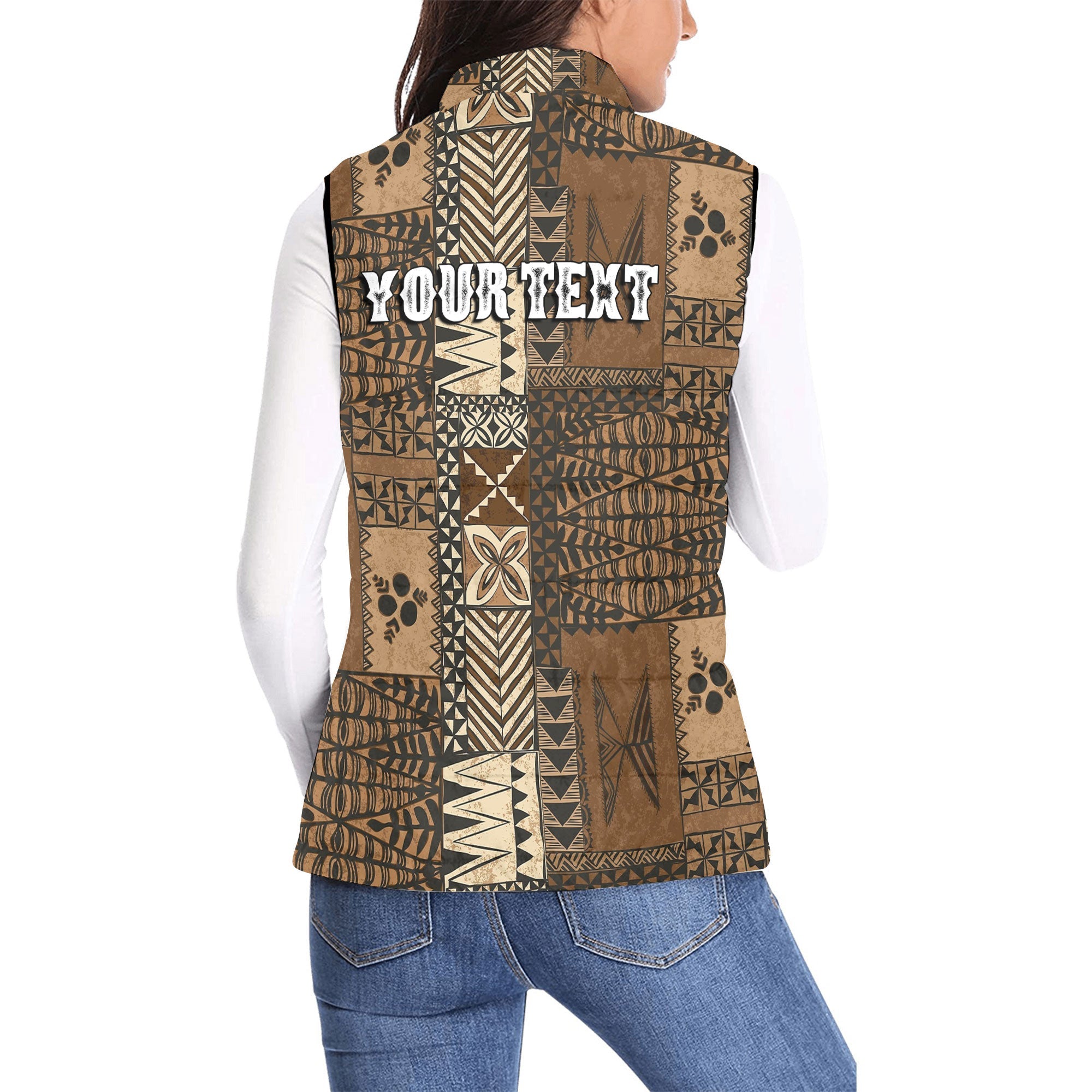 Custom Tonga Women Padded Jacket Vest Ngatu Tapa Style