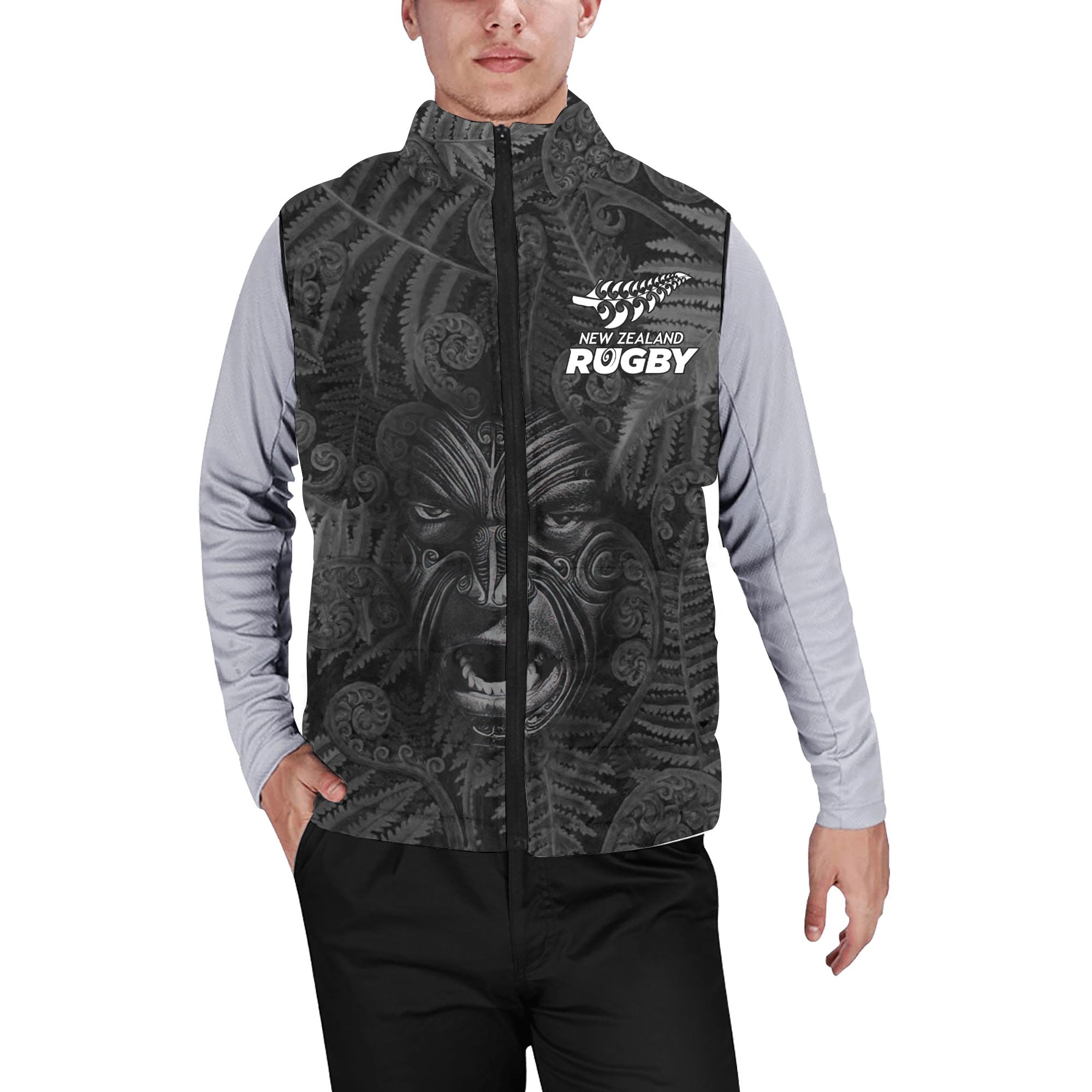 Custom New Zealand Rugby Men Padded Jacket Vest Silver Fern & Maori Warrior Style