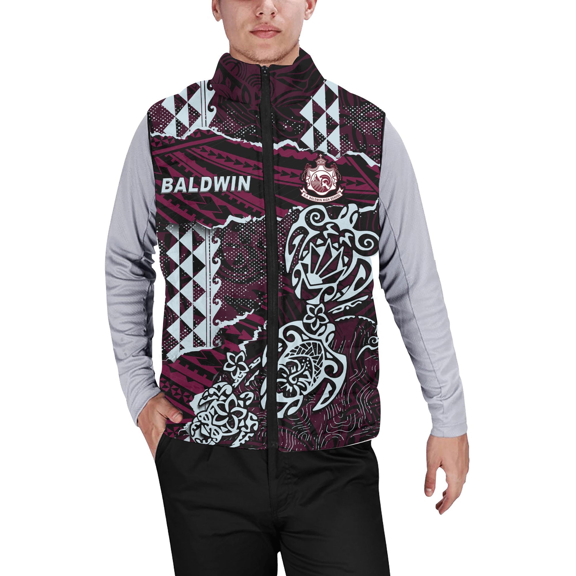 Hawaii Baldwin High School Custom Men Padded Jacket Vest Polynesian Turtle Style