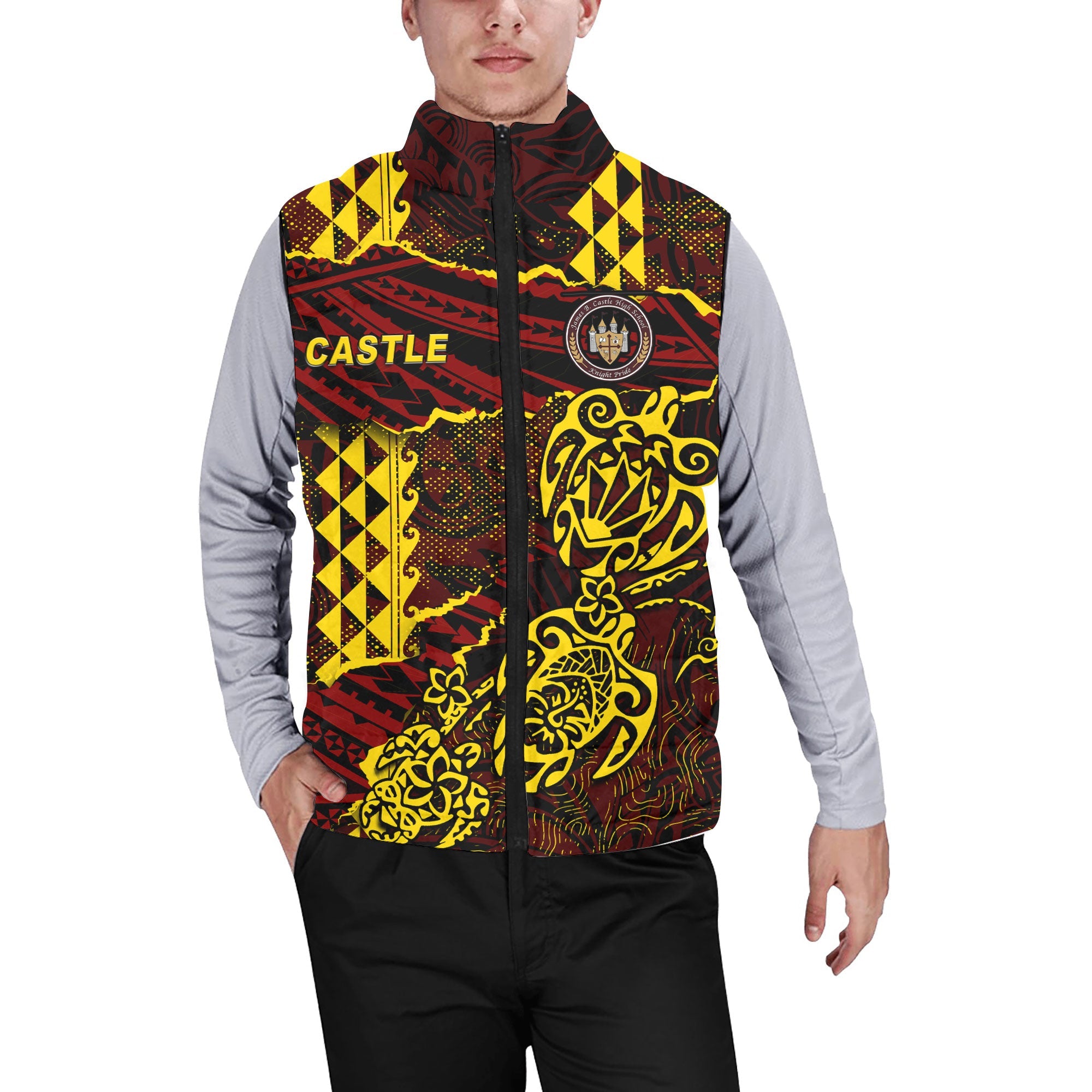 Hawaii Castle High School Custom Men Padded Jacket Vest Polynesian Turtle Style