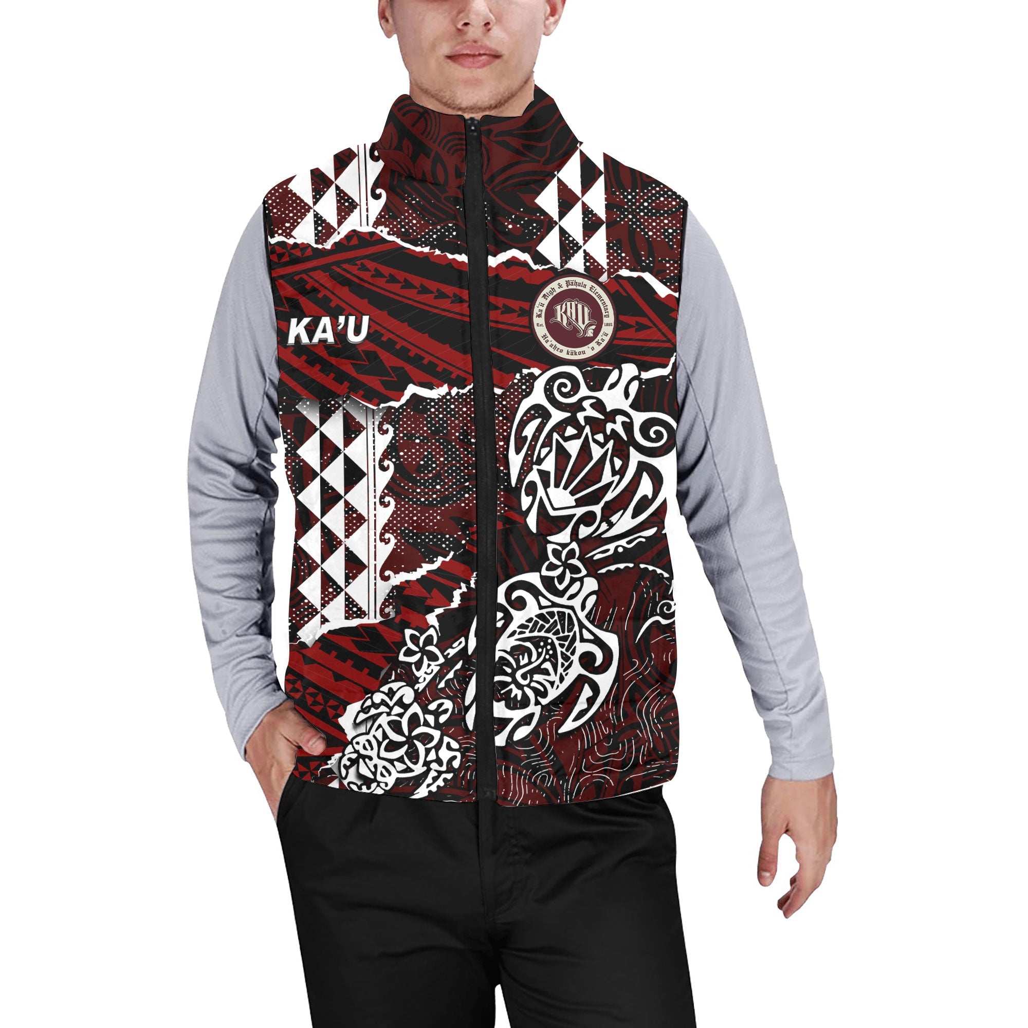 Hawaii Kau High & Pahala Elementary School Custom Men Padded Jacket Vest Polynesian Turtle Style