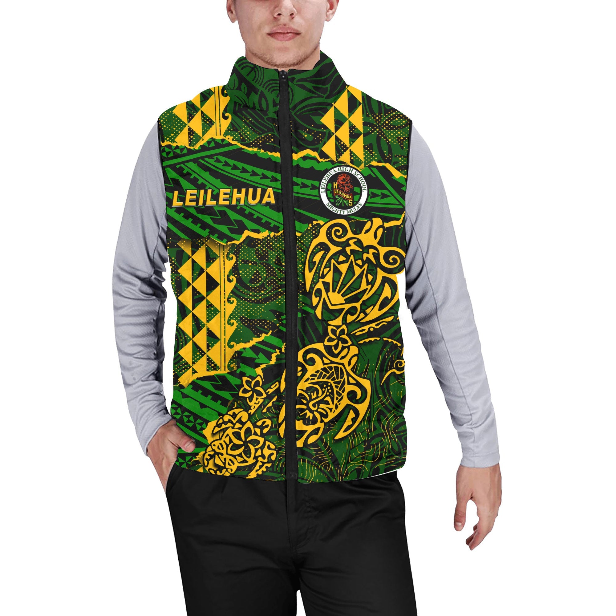 Hawaii Leilehua High School Custom Men Padded Jacket Vest Polynesian Turtle Style