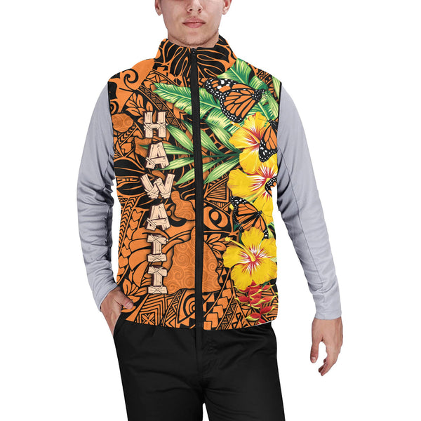 Hawaii Men Padded Jacket Vest Kamehameha Butterfly Tropical Style