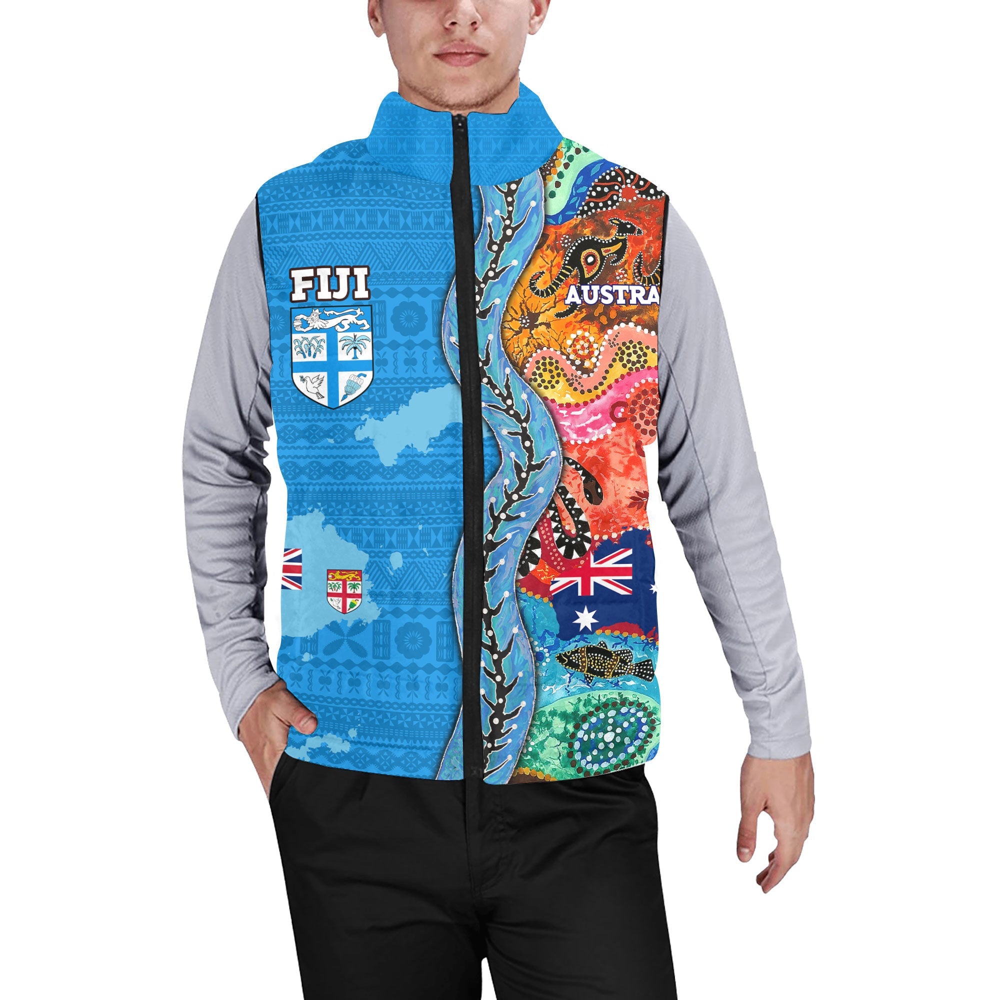 Custom Fiji Tapa & Australia Aboriginal Men Padded Jacket Vest