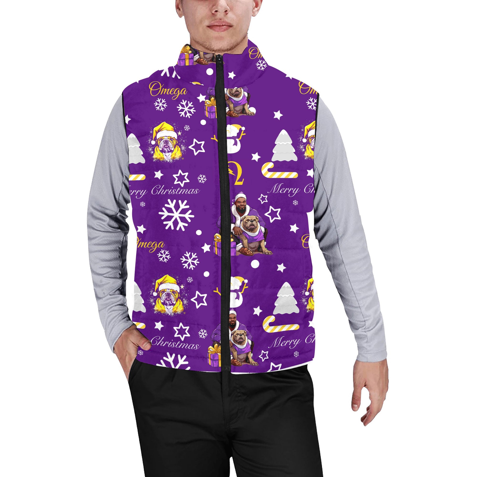 Fraternity Jacket - OPP Christmas Men Padded Jacket Vest Bulldog Purple Pattern Style