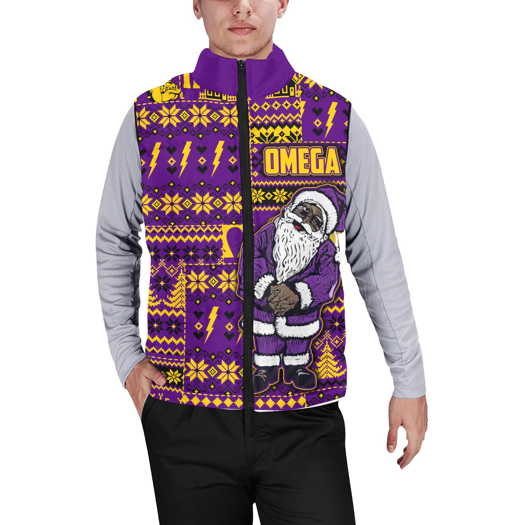 Fraternity Jacket - Personalized OPP Christmas Men Padded Jacket Vest Bulldog & Santa Claus Omega Style