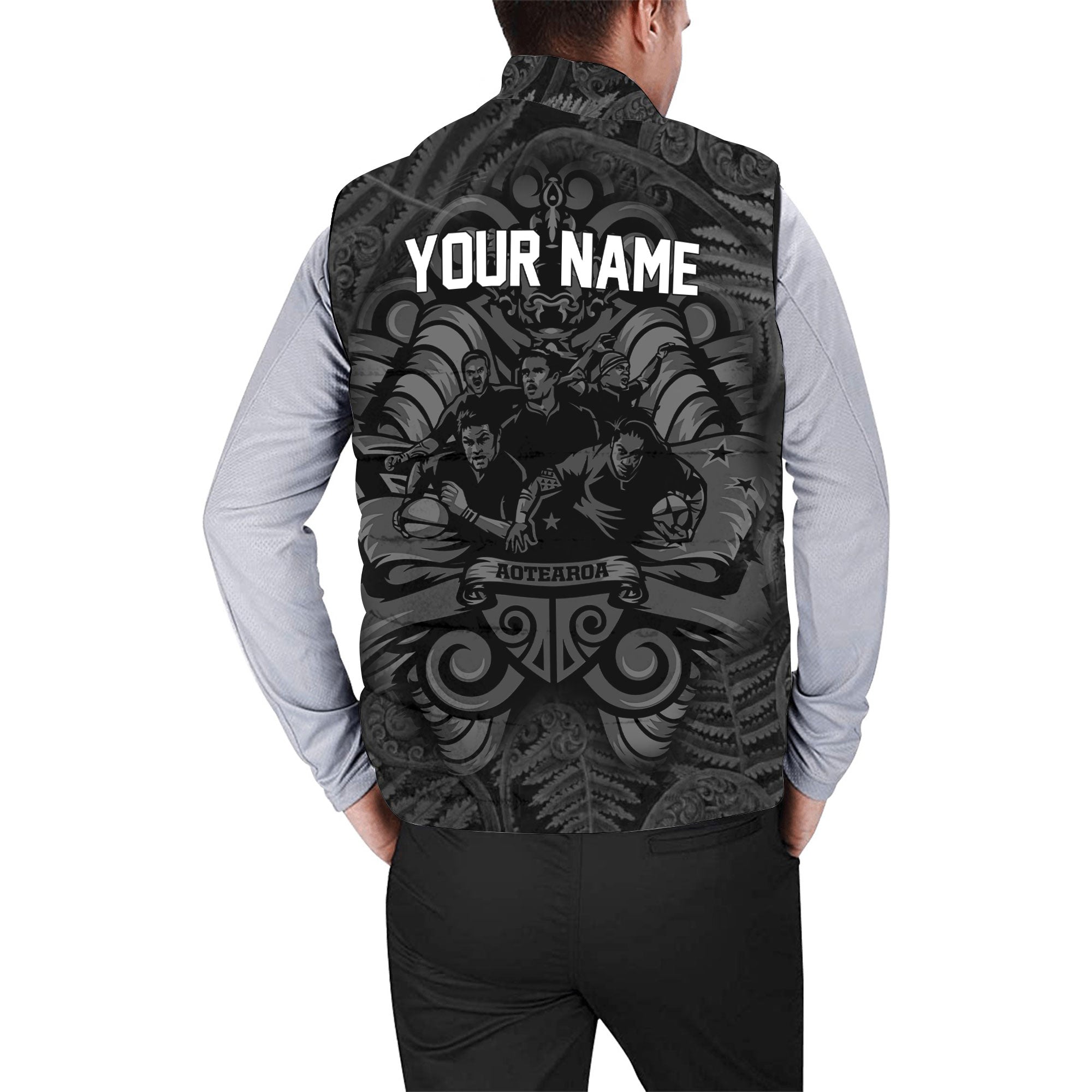 Custom New Zealand Rugby Men Padded Jacket Vest Silver Fern & Maori Warrior Style