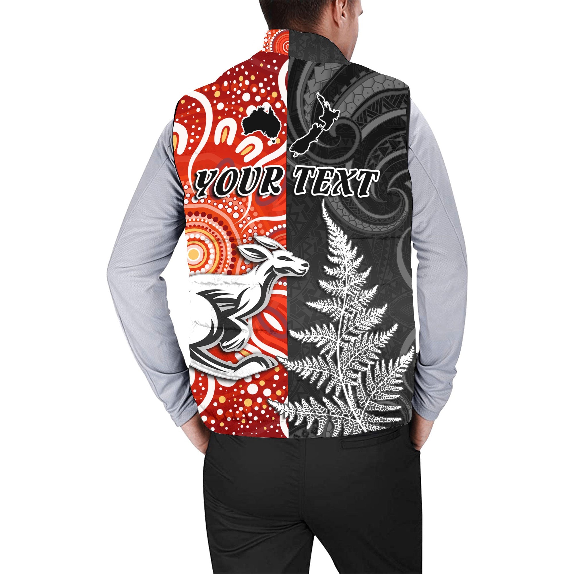 Custom New Zealand Rugby Men Padded Jacket Vest Aotearoa Silver Fern & Aussie Kangaroo Maori & Aboriginal - LH1