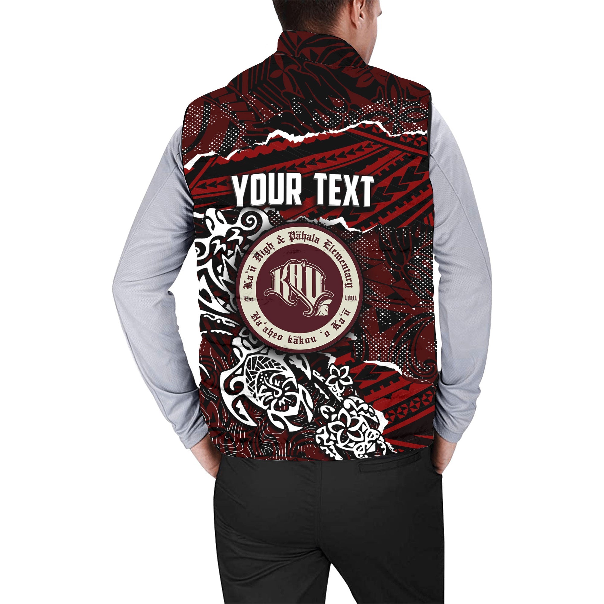 Hawaii Kau High & Pahala Elementary School Custom Men Padded Jacket Vest Polynesian Turtle Style